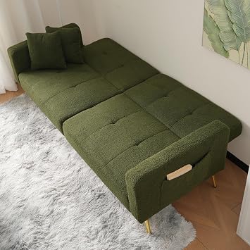 ModernLuxe Adjustable Sofa Sherpa Fabric Sofa Bed – 3 Reclining Angles, Gold Legs, High-Density Foam Cushion, Side Storage Pockets – Modern Convertible Sofa for Living Room & Guest Use Green