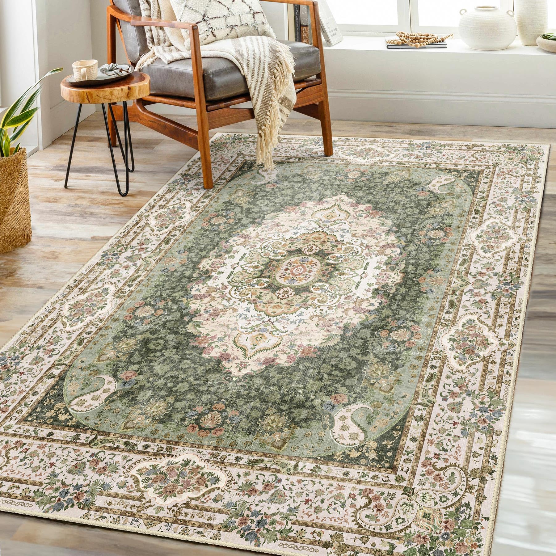 Castage Green Rug 3x5,Washable Area Rugs for Bedroom Living Room Kitchen Entryway,Small Boho Vintage Bohemian Distressed Non Slip Carpet,Floral โ image 1