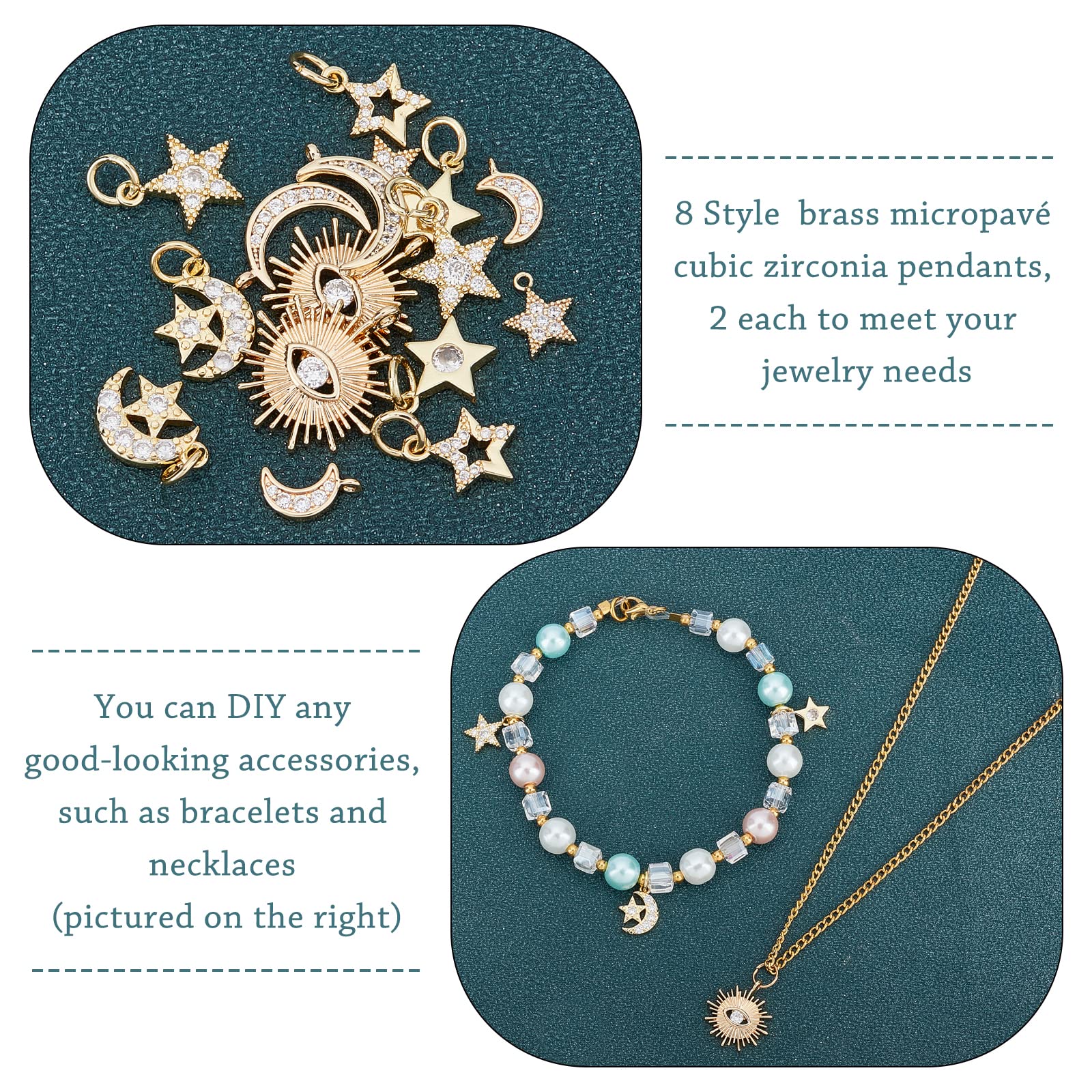 SUPERFINDINGS 16Pcs 8 Style Moon Sun Star Charms Colgantes de Diamantes de Imitación de Latón Eye Cubic Zirconia Charms para Bricolaje Collar Pulsera Fabricación de Joyas