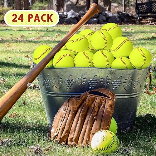 Miniatura 6 de Lewtemi Paquete de 24 pelotas amarillas de práctica de softball oficiales, tamaño y peso lento, deportes de softbol sin marcar, cubierta de cuero,