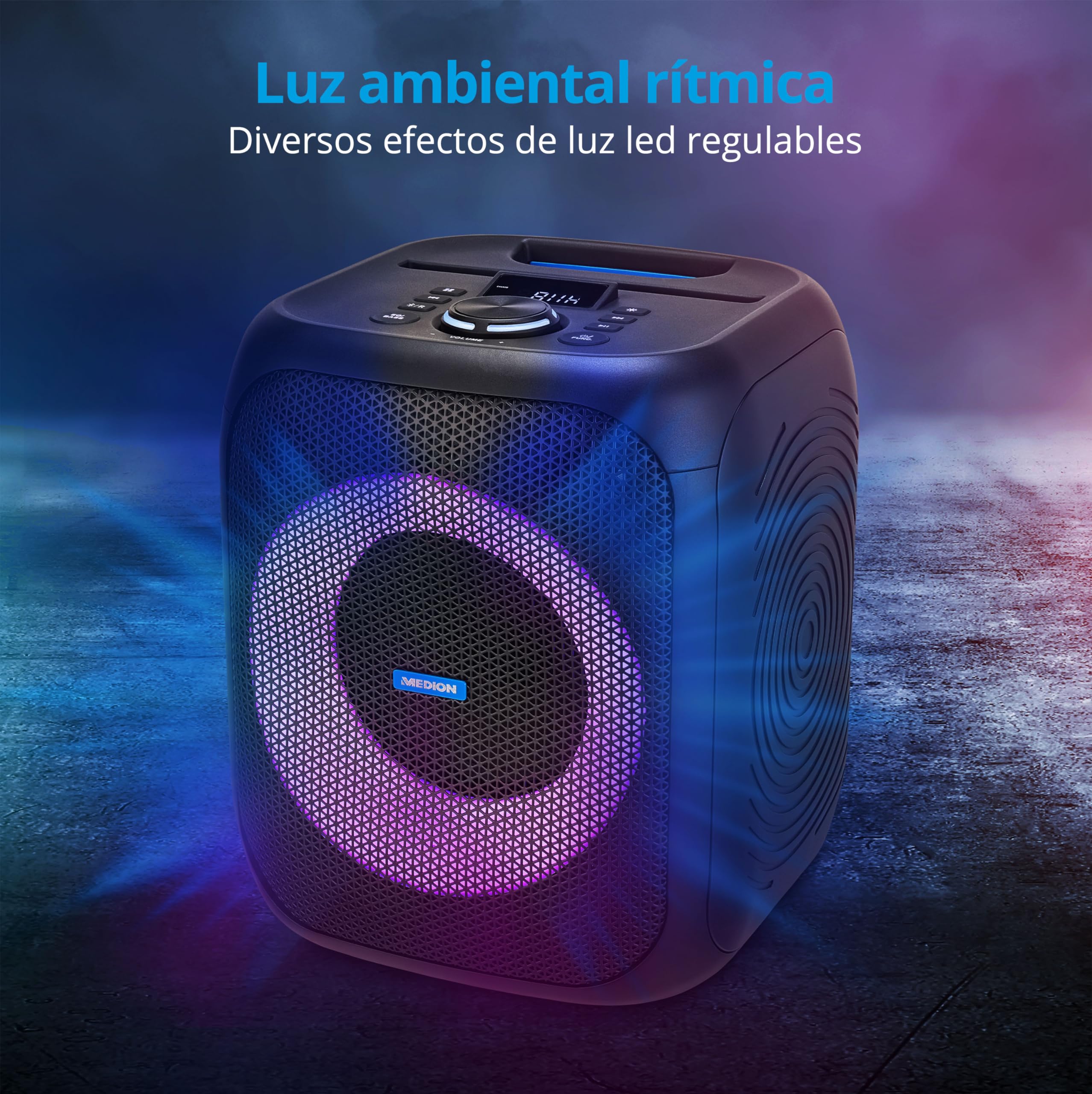 MEDION Bluetooth Party Speaker S61991(MD43991) Altavoces portátiles con Puerto USB y AUX-in, Altavoces de Exterior Bluetooth con micrófono y Efecto Luminoso, para Fiestas
