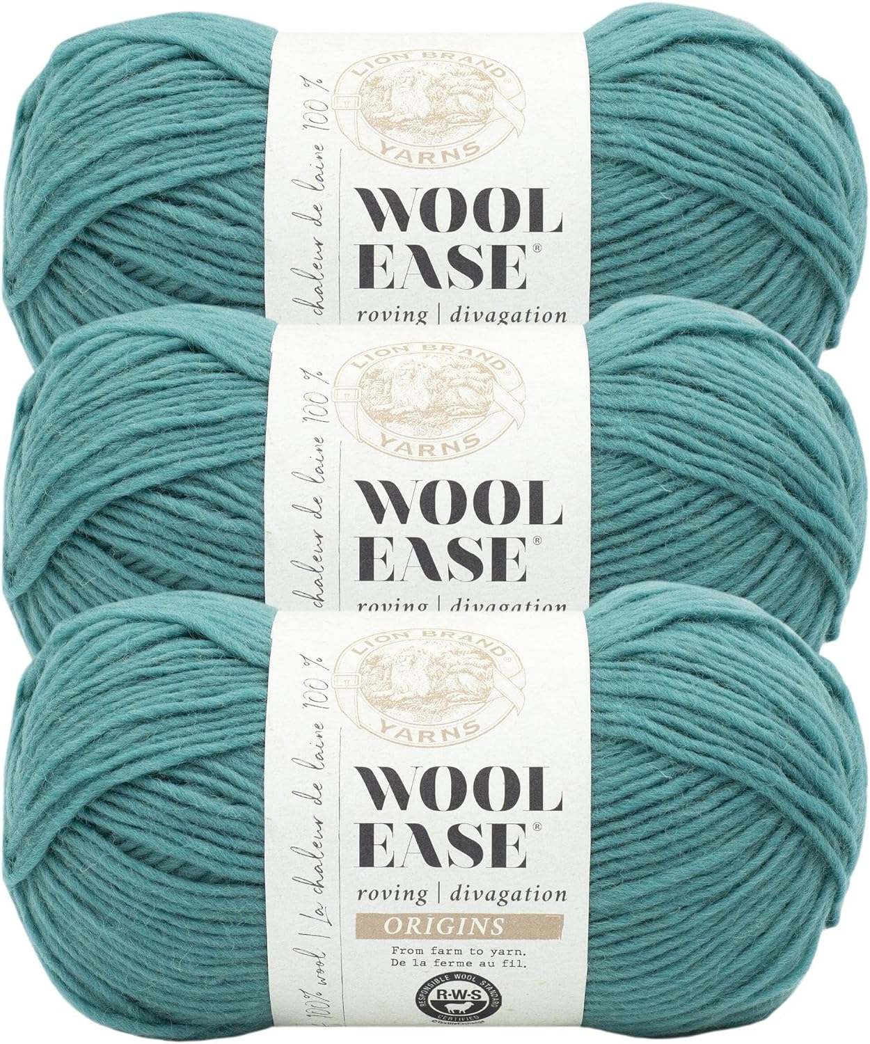Lion Brand Yarn Wool-Ease Roving Origins, 100% Wool Yarn for Knitting and Crochet, Aqua, 3 Pack