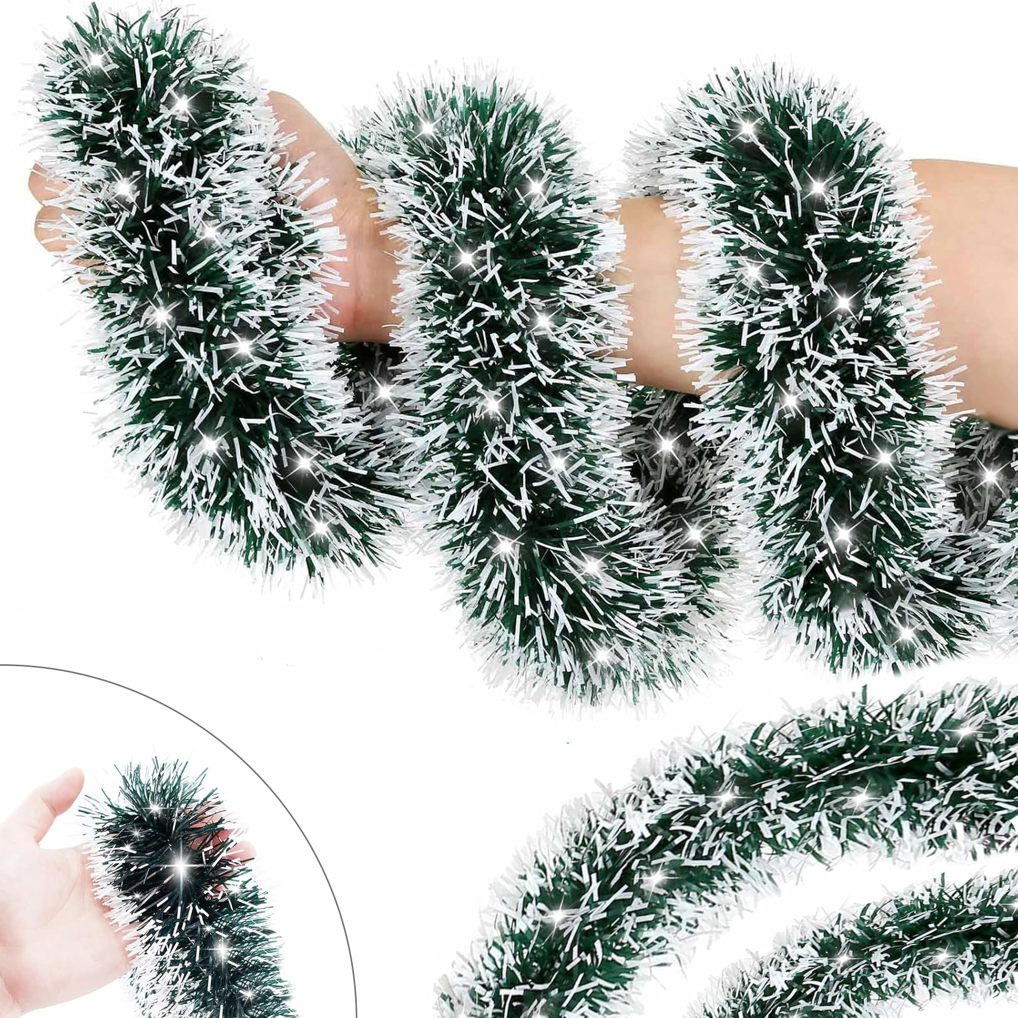 50FT Silver Christmas Tinsel Garland Shiny Metallic Twist Hanging Garland for Christmas Tree Decorations Party Supplies Indoor Outdoor Home Xmas Decor (Green and Silver)
