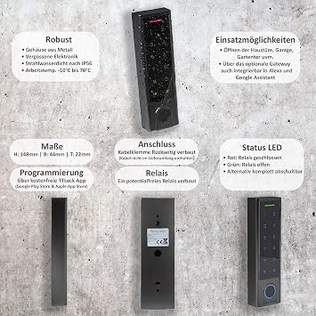 Smart Home Code Lock with Fingerprint Fingerprint in Black 1 Relay Code Lock + Gateway Power Supply 5 RFID KeyFobs Manageable with App Waterproof and Energy-Saving