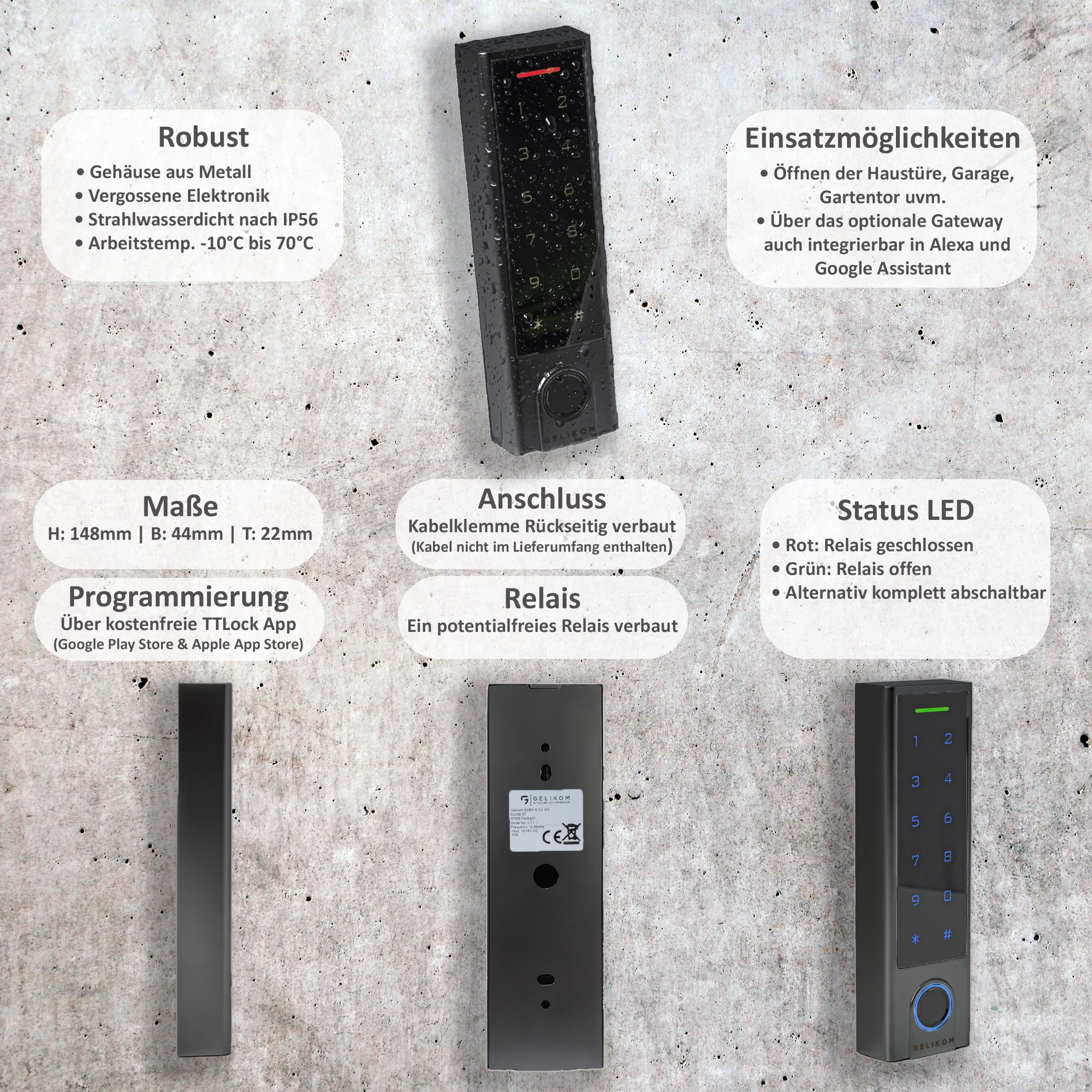 Smart Home Codeschloss mit Fingerprint, Fingerabdruck in Schwarz | RFID und PIN möglich | verwaltbar mit APP | wasserdicht und stromsparend | einfache Installation