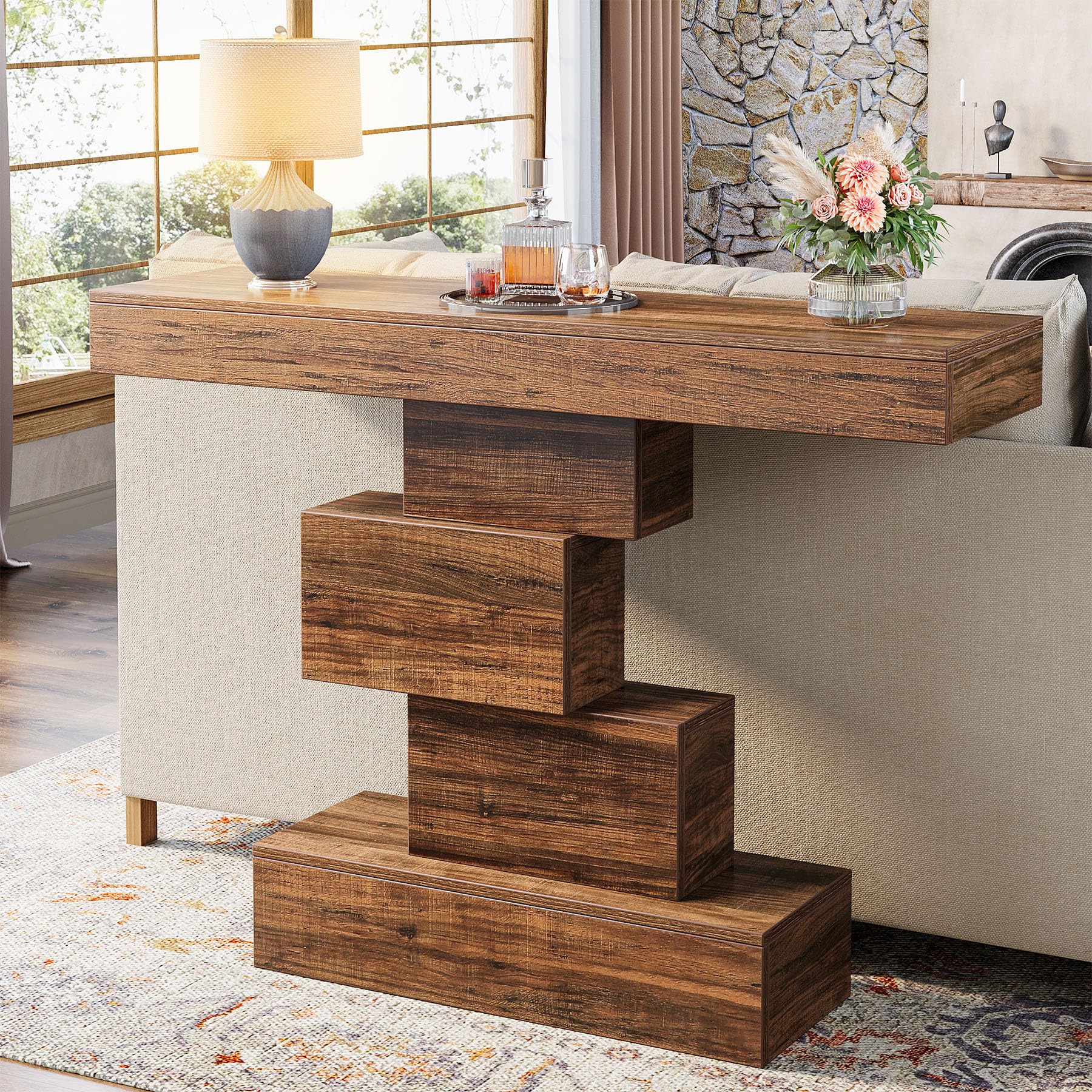 Tribesigns consolle ingresso moderno in Legno, 108x30x80cm, con base dal design accattivante, tavolino stretto in legno, tavolino da divano per soggiorno, corridoio, camera da letto,marrone rustico