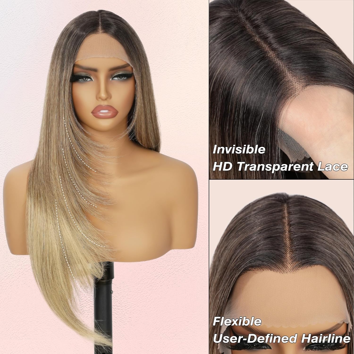 Fliace Synthetic Lace Front Wig, Long Straight Ash Blonde Wig with Dark Root for Women, Featuring 13x5x1 HD Lace Hand Tied, 26 Inch Layered for Daily & Party (T4/12/613, Ash Blonde Ombre)