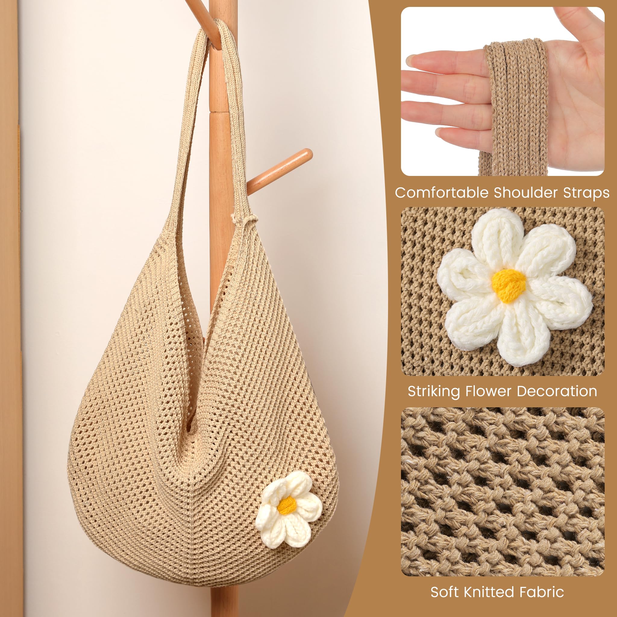 Premillow Crochet Beach Bags for Women, Summer Beach Tote Bag, Mesh Cute Beach Purse, Aesthetic Knit Bag Handbag Shoulder Bag — view 5