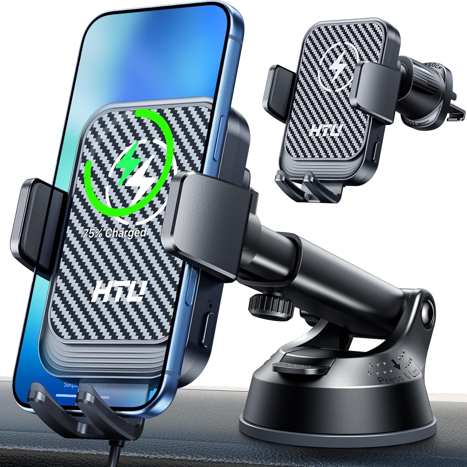 Wireless Car Charger, 15W Fast Charging Auto Clamping Car Charger Phone Mount Phone Holder fit for iPhone 17 16 15 14 13 12 Pro Max 11 SE XR XS for Samsung Galaxy S25 Ultra S24 S23,Black