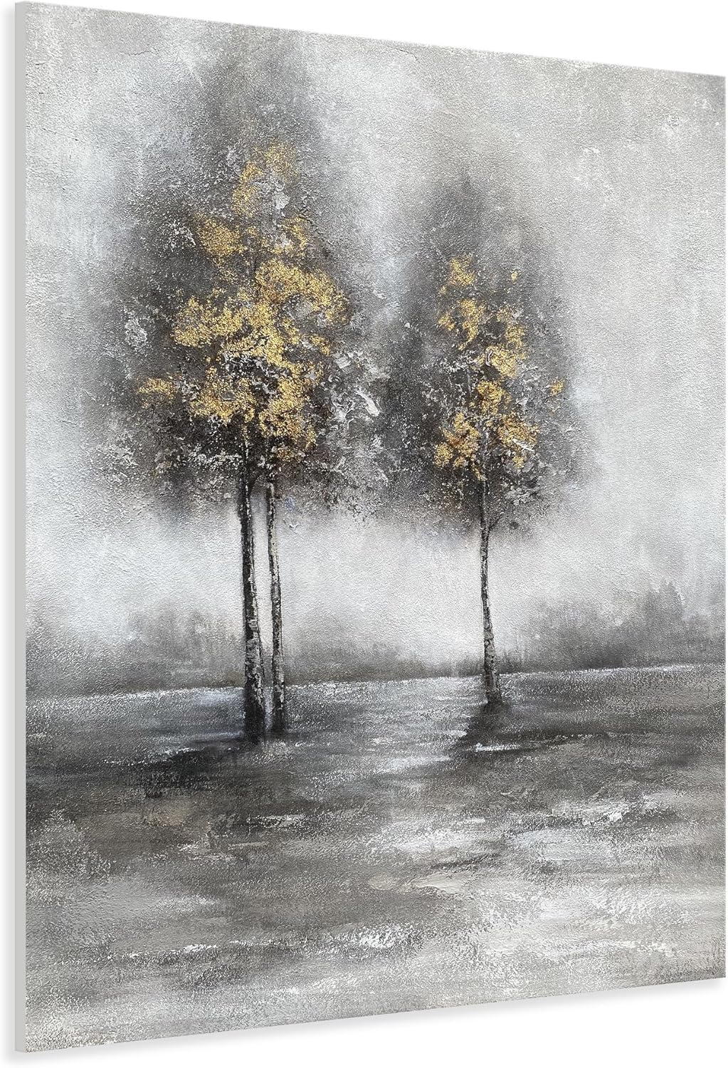 Yihui Arts Lake Landscape Wall Art - Rustic Farmhouse Canvas Painting with Textured Tree and Gold Foil Accents for Living Room, Bedroom, or Bathroom Decor