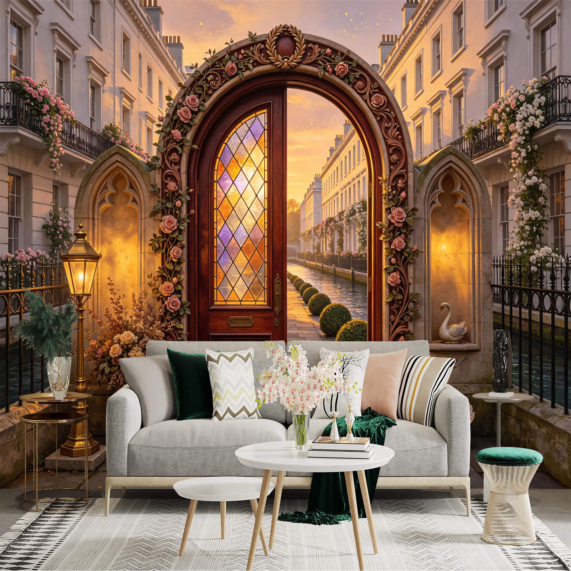 Custom Size Wall Sticker Mural， Vintage Floral Archway， Stained Glass Door， Canal Street Sunset， for wall Decoration， peelandstick wall Decals.