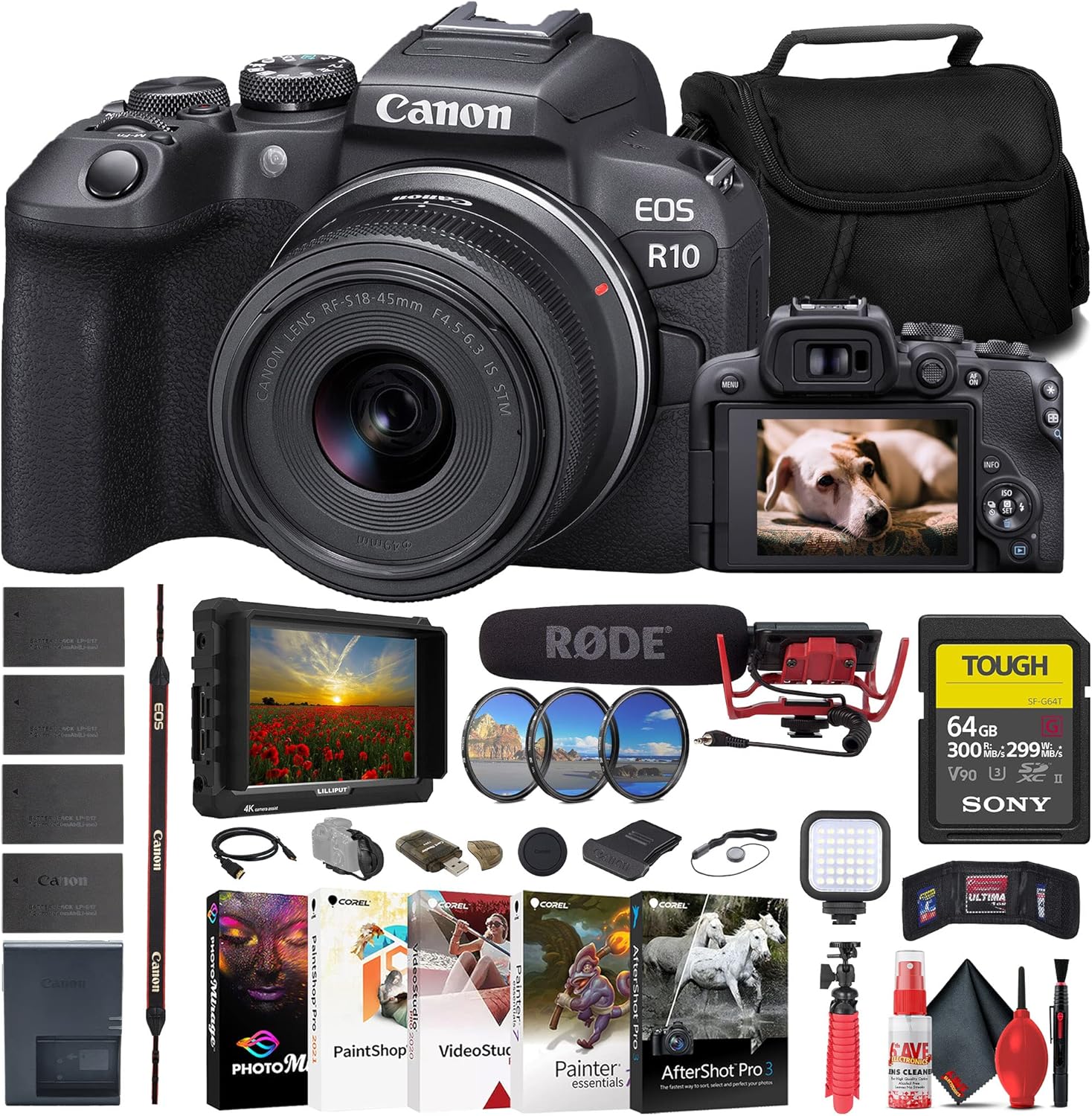 Canon EOS R10 Mirrorless Camera with 18-45mm Lens (5331C009) + 4K Monitor + Rode VideoMic + Sony 64GB Tough SD Card + Filter Kit + Bag + 3 x LPE17 Battery + Card Reader + LED Light + More