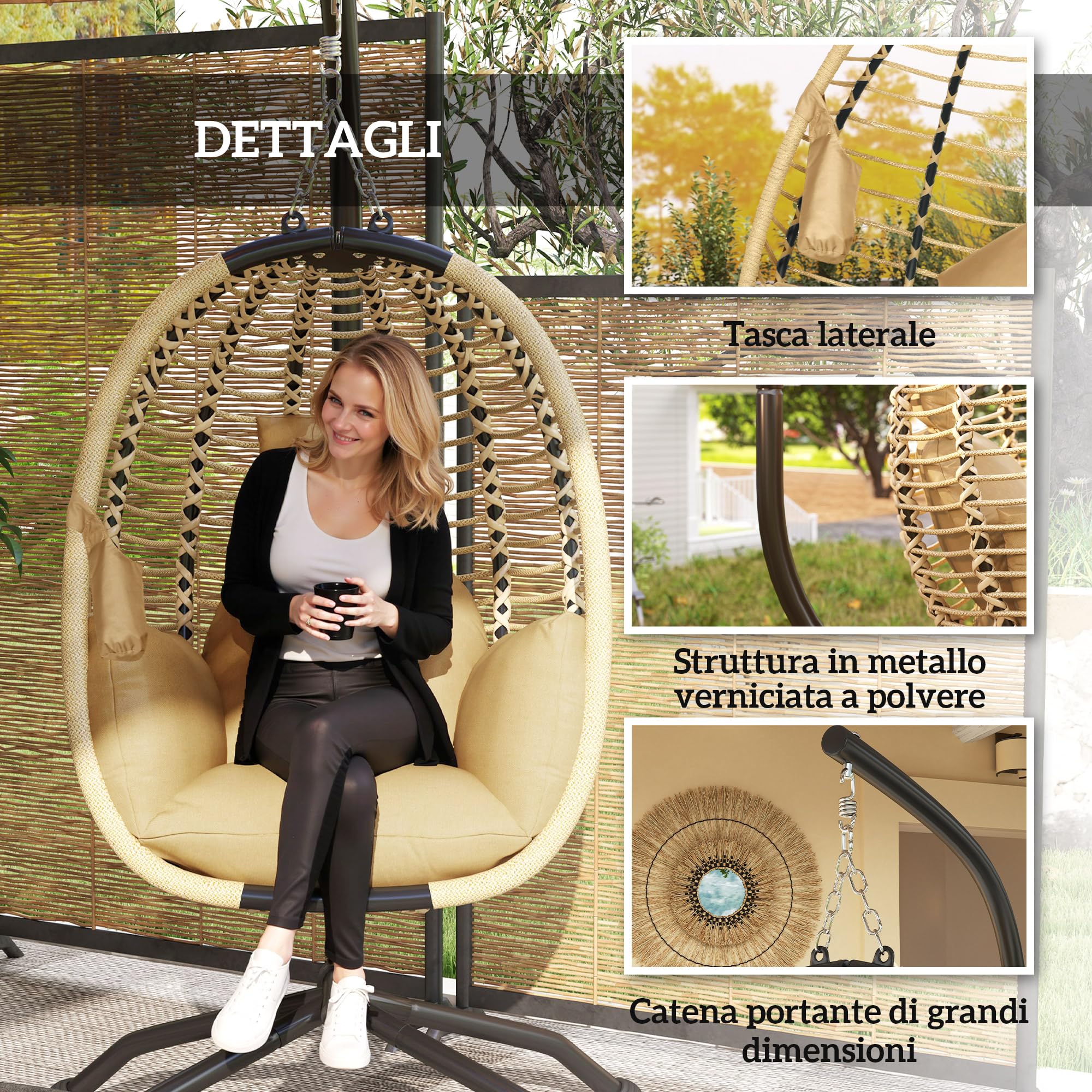 Outsunny Poltrona Sospesa a Uovo con Gancio, Cuscino Imbottito e Poggiatesta, Sedia a Dondolo da Giardino Pieghevole, Base a X in Acciaio, per Interni ed Esterni, 110x100x188 cm, Beige