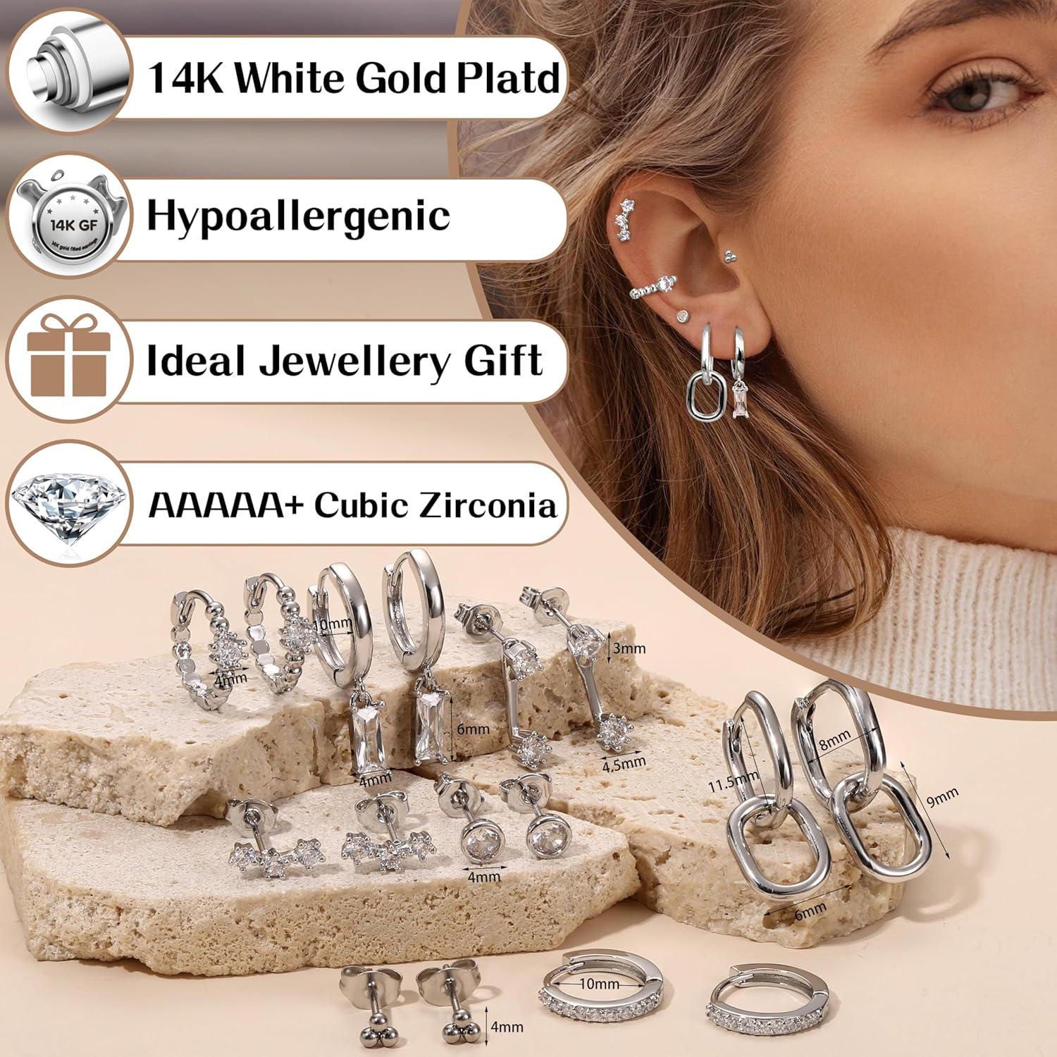 Small Gold Hoop Earrings Set for Women - 14K Gold Plated Hypoallergenic Huggie Hoop Studs Earring Stacks for Sensitive Ears - Cartilage Earring Sets for Multiple Piercing 8 Pairs - Image 7