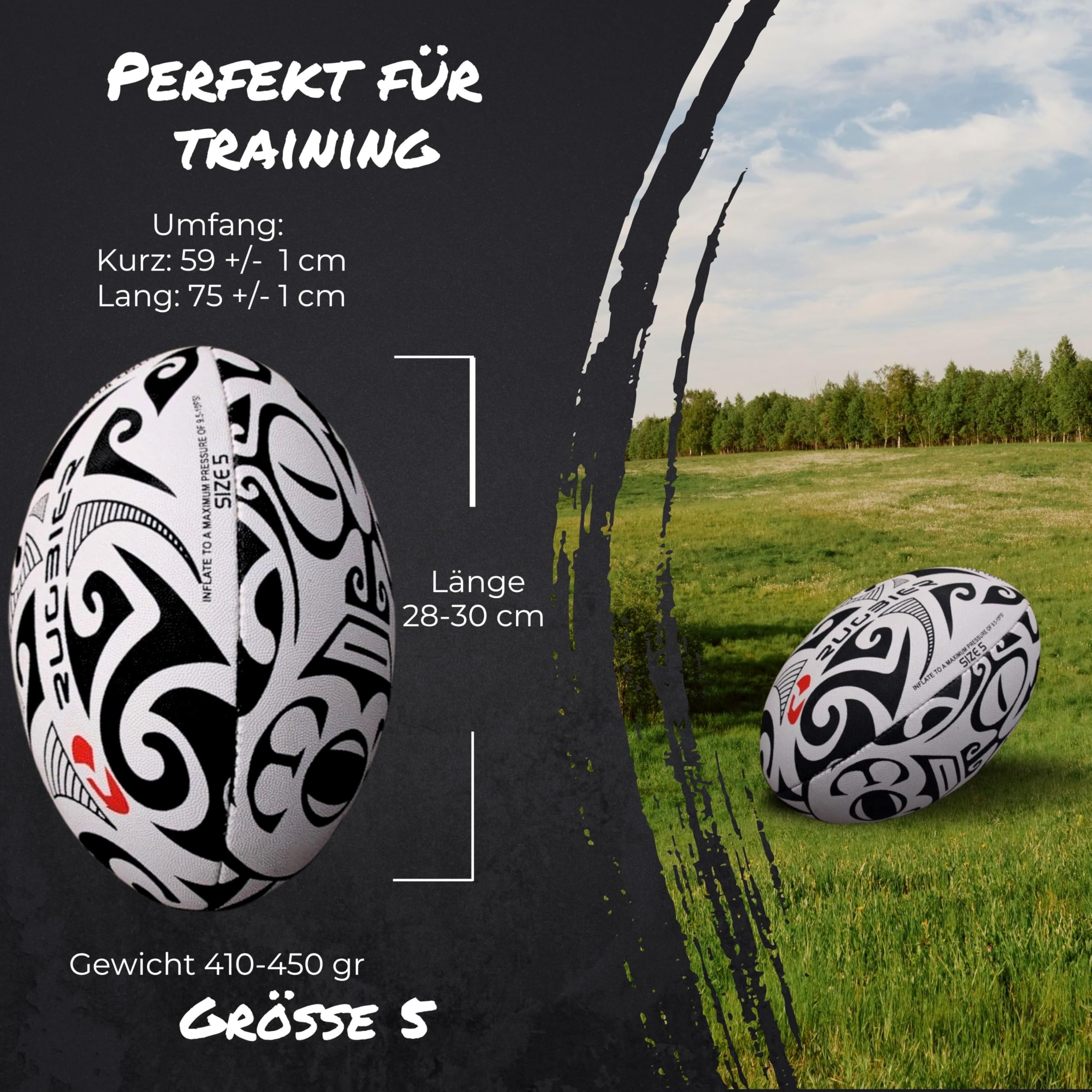 Trainings-Rugbyball Größe 5 – Premiumqualität – Für Training und Spiel – Herrenmannschaften & Seniorenteams – Maori Face