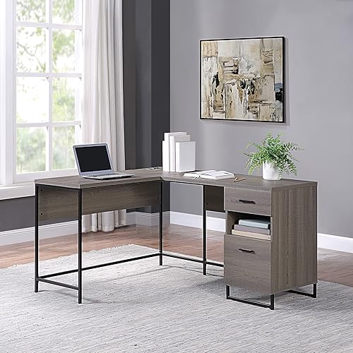 Miniatura 2 de OSP Home Furnishings Hagney Lane Escritorio en forma de L con CA y concentrador de alimentación USB y almacenamiento, roble de granja
