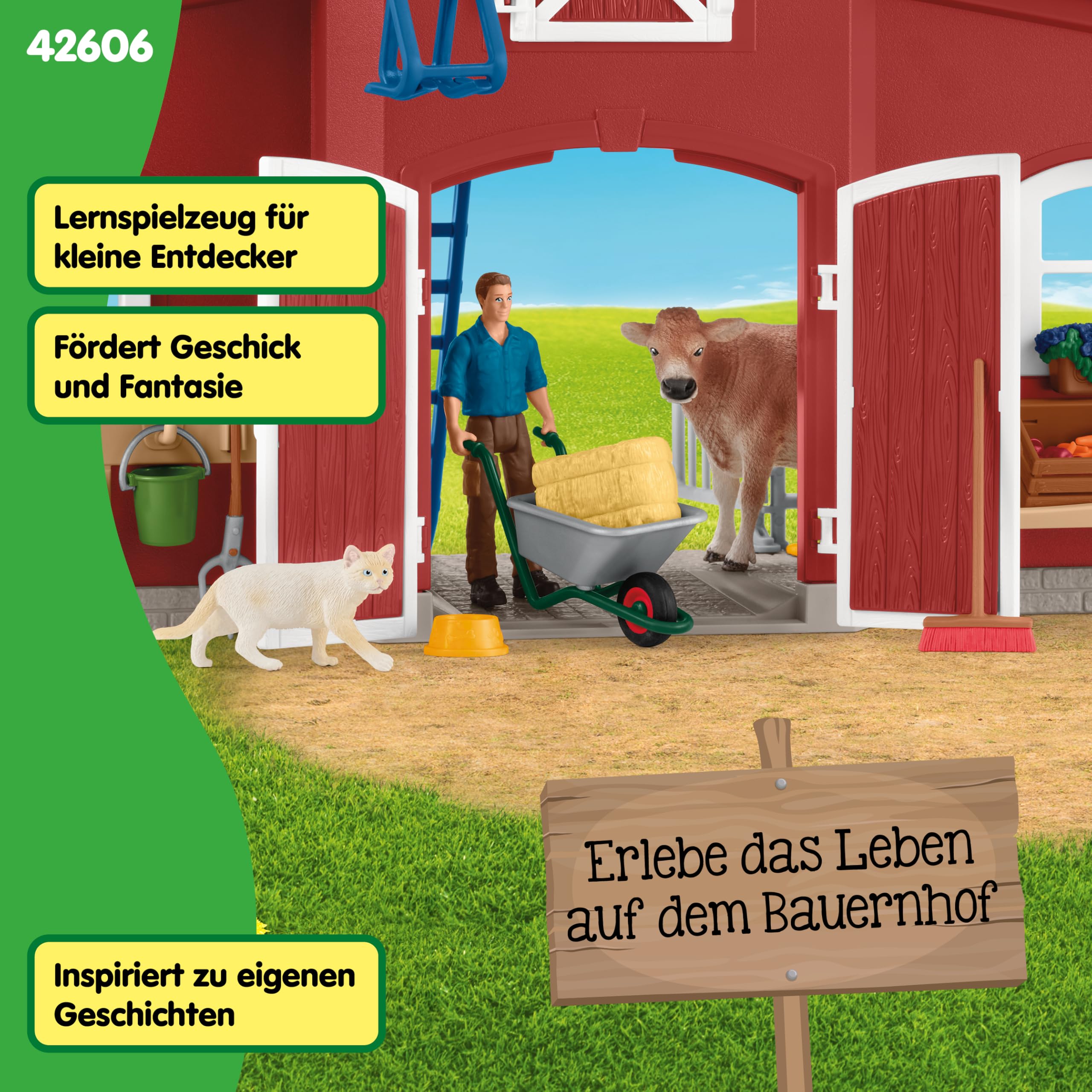 Schleich Farm World | Große rote Farm mit Bauernhaus 42606 | 92 Teile | Set inkl. Haus, Bauer, Kuh, Schwein, Katze, Maus & Zubehör | Bauernhof Spielzeug für Mädchen & Jungen ab 3 Jahren