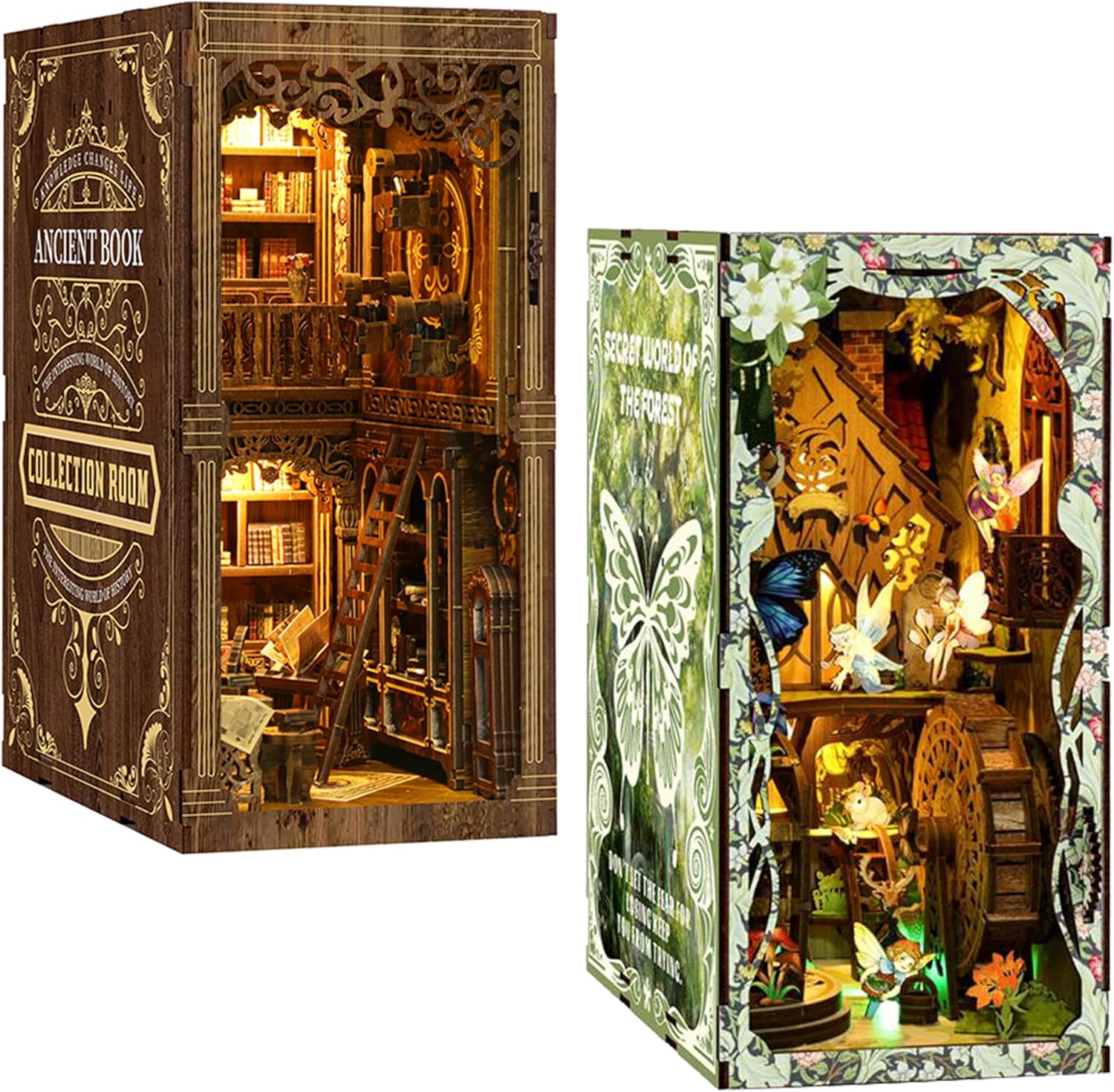 ISSEVE Book Nook Kit, Forest Secret World and Book Collection Room Bundles DIY Miniature Dollhouse Booknook Kit
