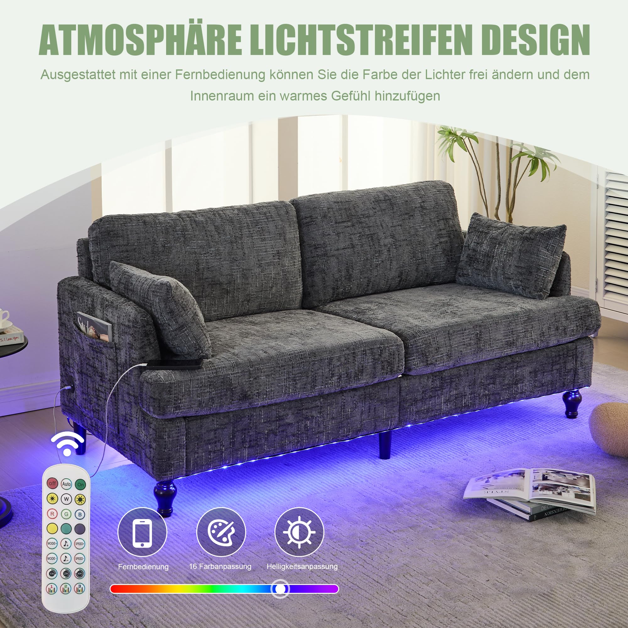vutizal 2 Sitzer Sofa Couch Loveseat mit USB LED, Chenille Sofa mit Seitentasche Holzbeinen Schaumstoffpolsterung für Schlafzimmer Arbeitszimmer Wohnzimmer, 175x83x78 cm, Grau