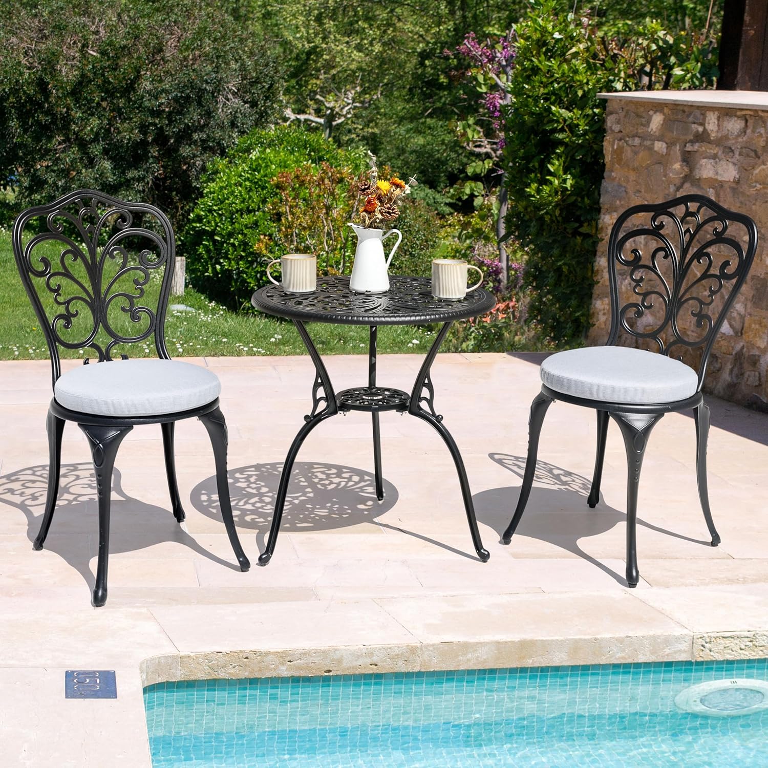NUU GARDEN 3 Piece Outdoor Bistro Table Set, All Weather Cast Aluminum Patio Bistro Sets Patio Table and Chairs Set of 2 with Umbrella Hole for Yard, Garden, Balcony, Black