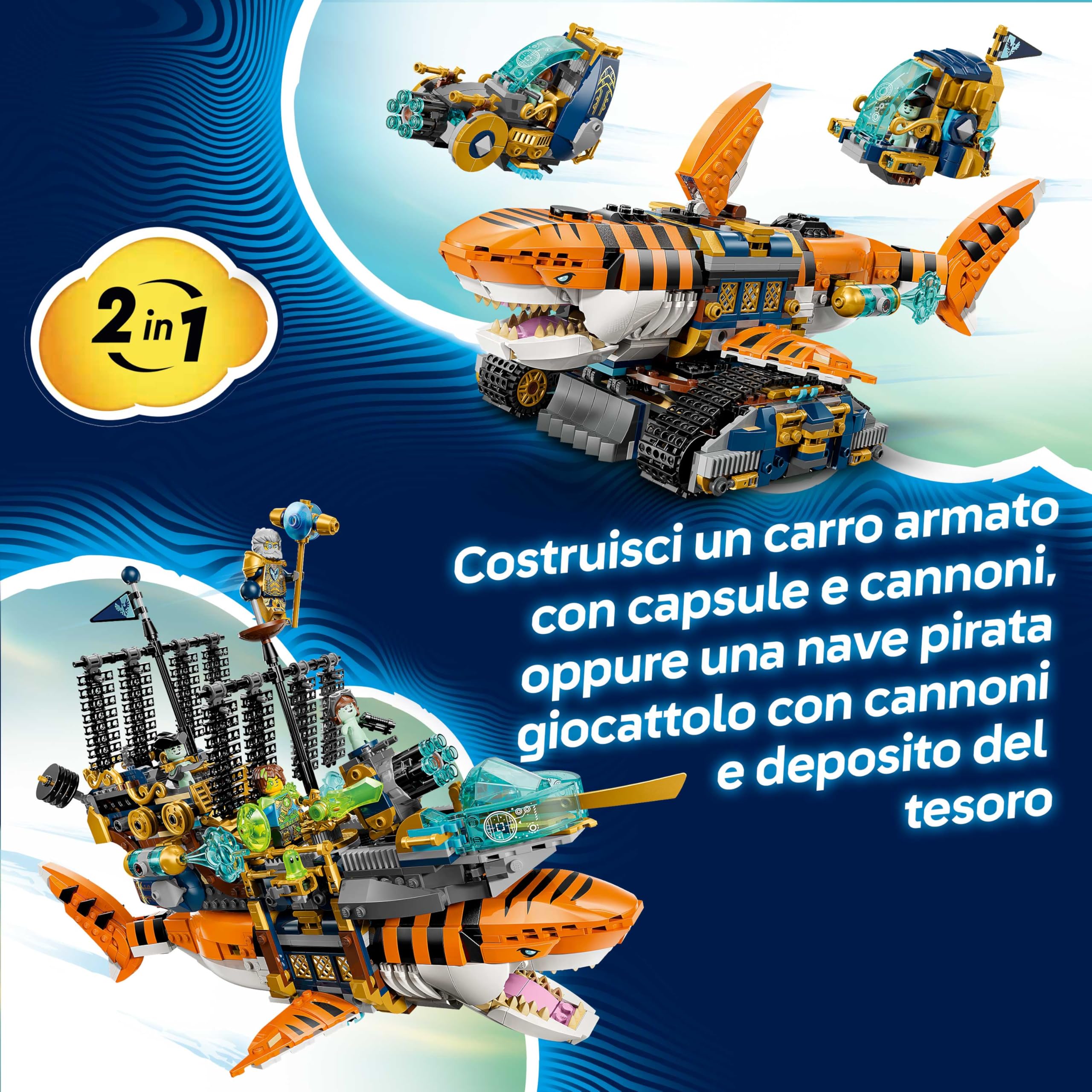 LEGO DREAMZzz 2 in 1 Carro-Squalo Tigre Giocattolo - Si trasforma in Nave Pirata con Cannone - con 5 Minifigure e 2 Creature del Tesoro da Collezione - Regalo per Bambini da 9 Anni in su - 71515
