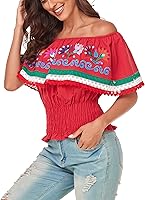 Vista 2 de YZXDORWJ Camisa con hombros descubiertos bordados mexicanos para mujer