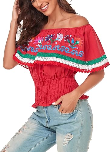 Miniatura 2 de YZXDORWJ Camisa con hombros descubiertos bordados mexicanos para mujer