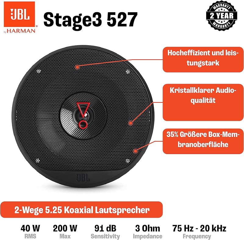 JBL Stage3 527 autóhifi hangszóró szett 200W 13cm 2-utas - 13 cm, 2-way coaxial (+ front)