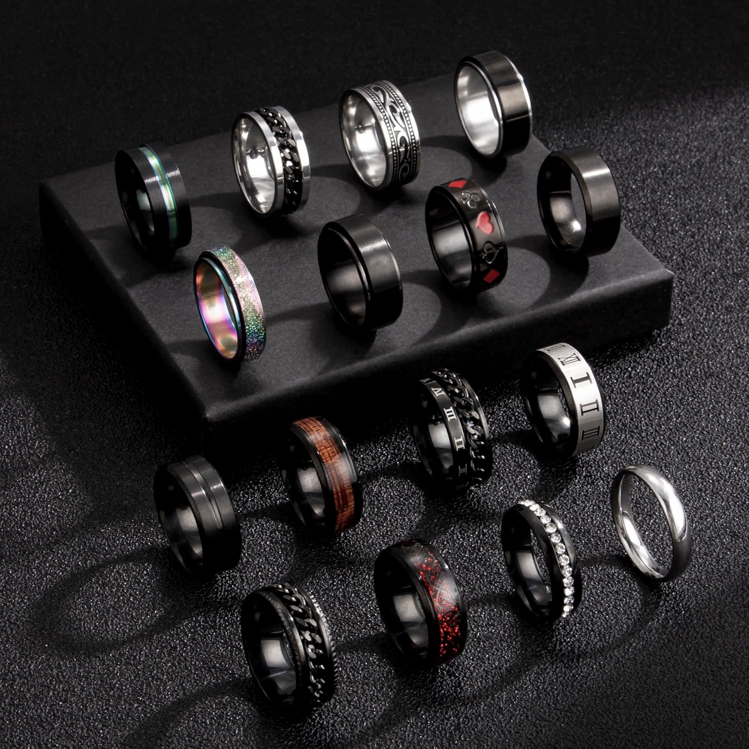EIELO 16Pcs Stainless Steel Men Fidget Rings for Men Women Stress Anxiety Relief Spinning Rings Cool Black Rings Fashion Chain Band Ring Mens Wedding Engagement Ring Set - Image 4