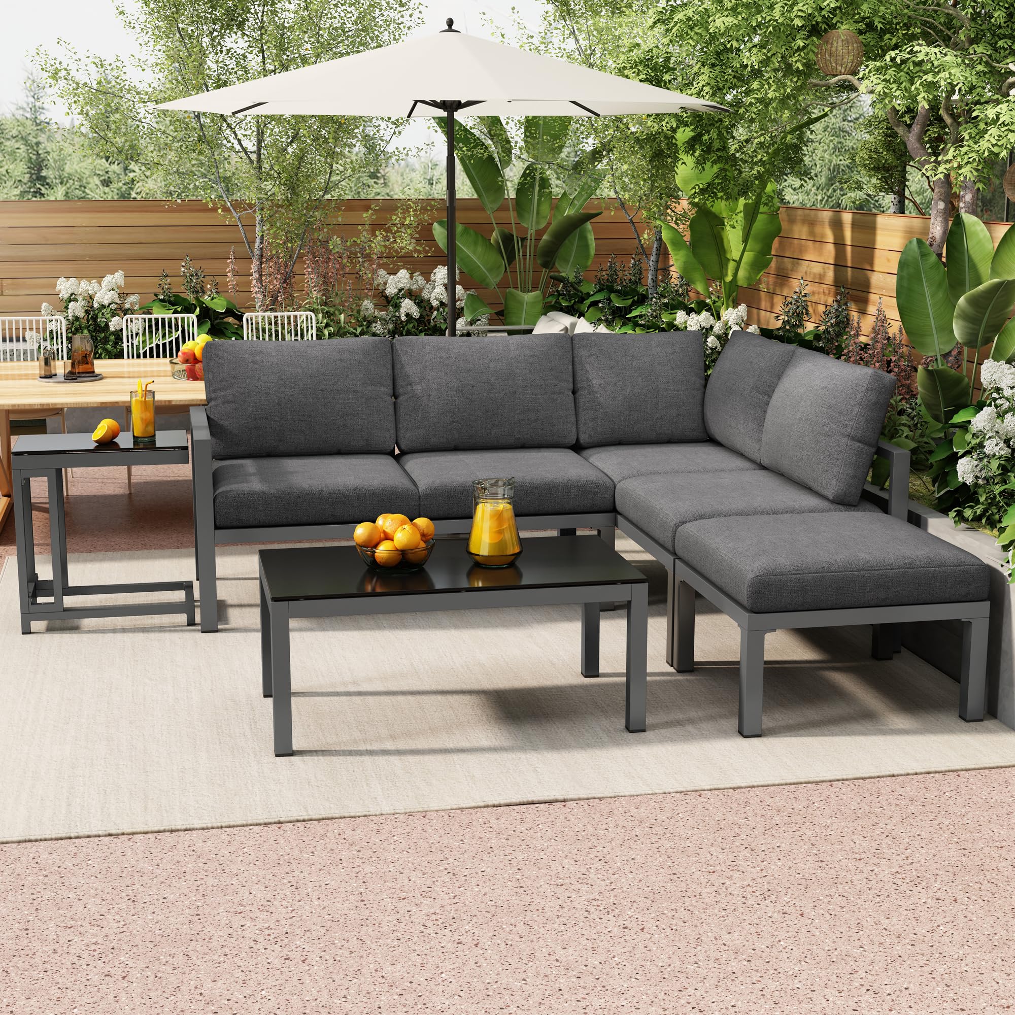 Set di 5 mobili da giardino da balcone per 4 – 5, per esterni, con 2 divani doppii, 1 sgabello e 2 tavoli, salone ad angolo, resistente alle intemperie, divano lounge in ferro zincato, grigio