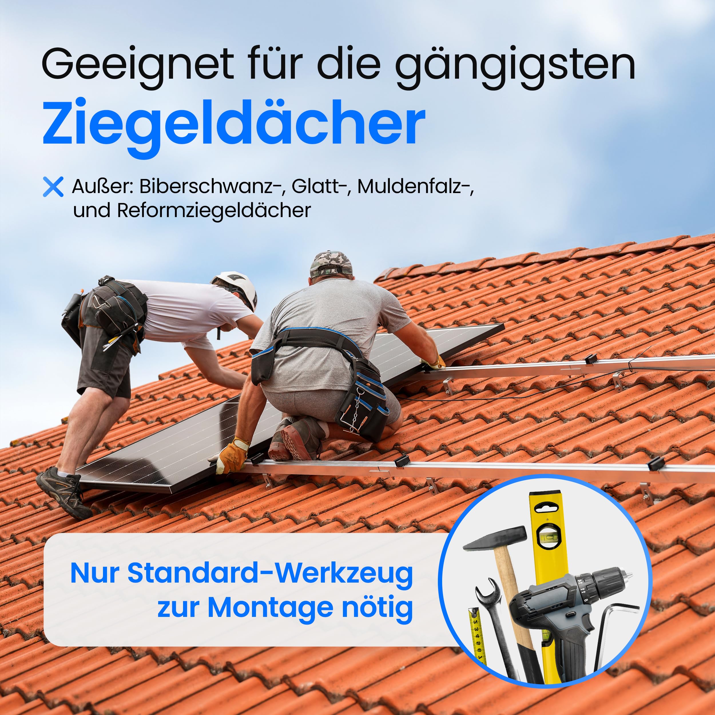 LIVING TEC® Halterung Balkonkraftwerk für Ziegeldach Komplettset - PV Modul Halterung mit Montageanleitung - Befestigung Solarmodul TÜV zertifiziert mit Dachhaken, Montageschiene & Klemme - Solarmodul