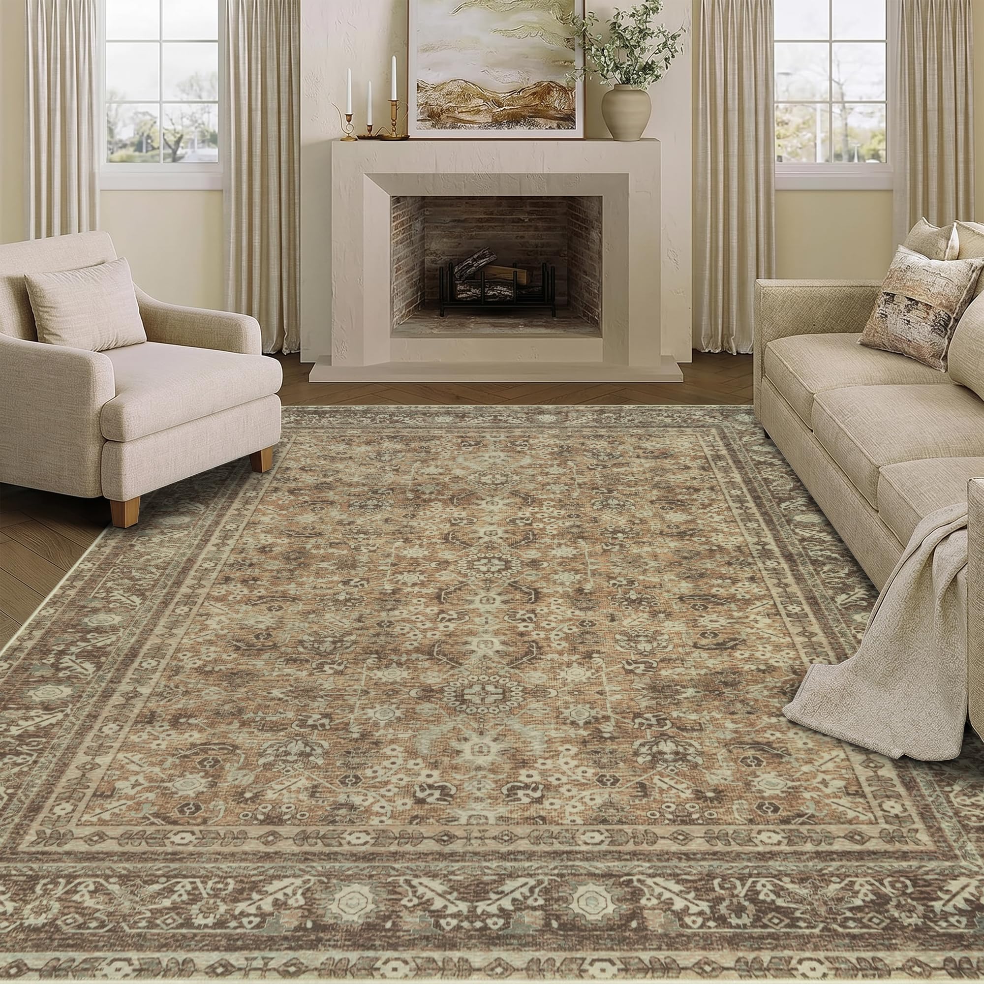 Cekene Washable Rugs Living Room 160x230cm Non-Slip Thin Bedroom Rugs Distressed Area Rug Low Profile Floor Carpet for Office Bathroom Dinning Room Playroom Brown