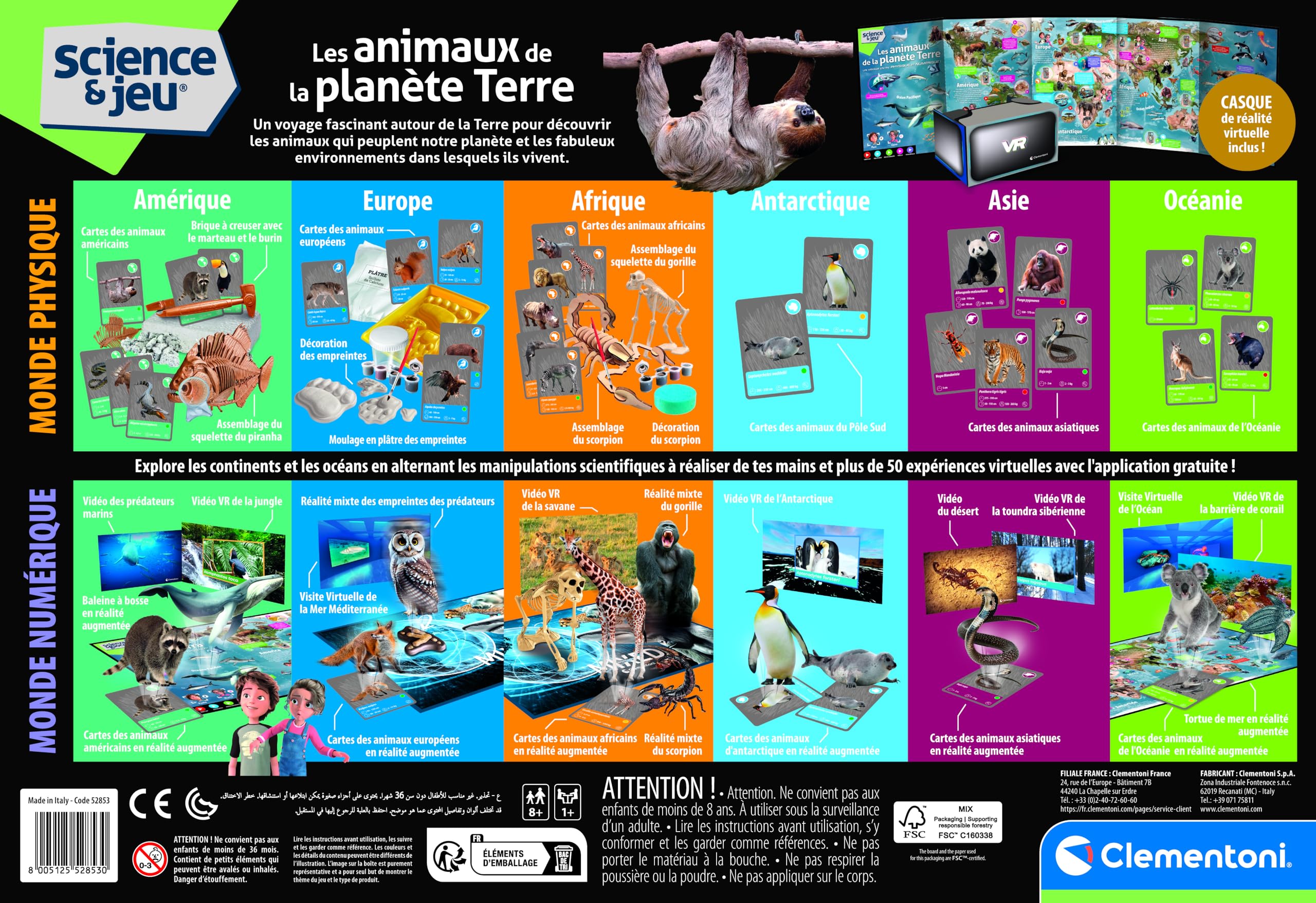 Clementoni - Coffret Scientifique : Les Animaux dès 8 Ans - Expérience à réaliser - Inclus Moules + Peinture + Figurines + 30 Cartes et Un Casque VR - Jeux Éducatif - Fabriqué en Italie