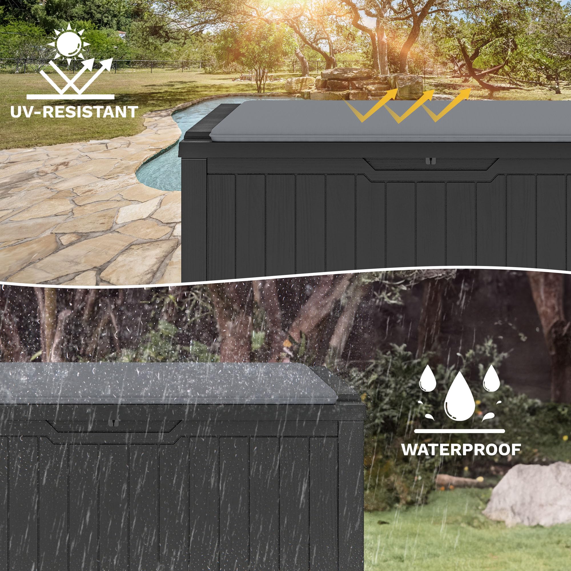 DWVO Auflagenbox Aufbewahrungsbox Garten Kissenbox Gartenbox Outdoor Gartentruhe |Wasserdicht Gasdruckfeder|Für Sitzauflagen Gartengeräte & Kinderspielzeug|450 Liter 142.1x67.7x60cm|Schwarz