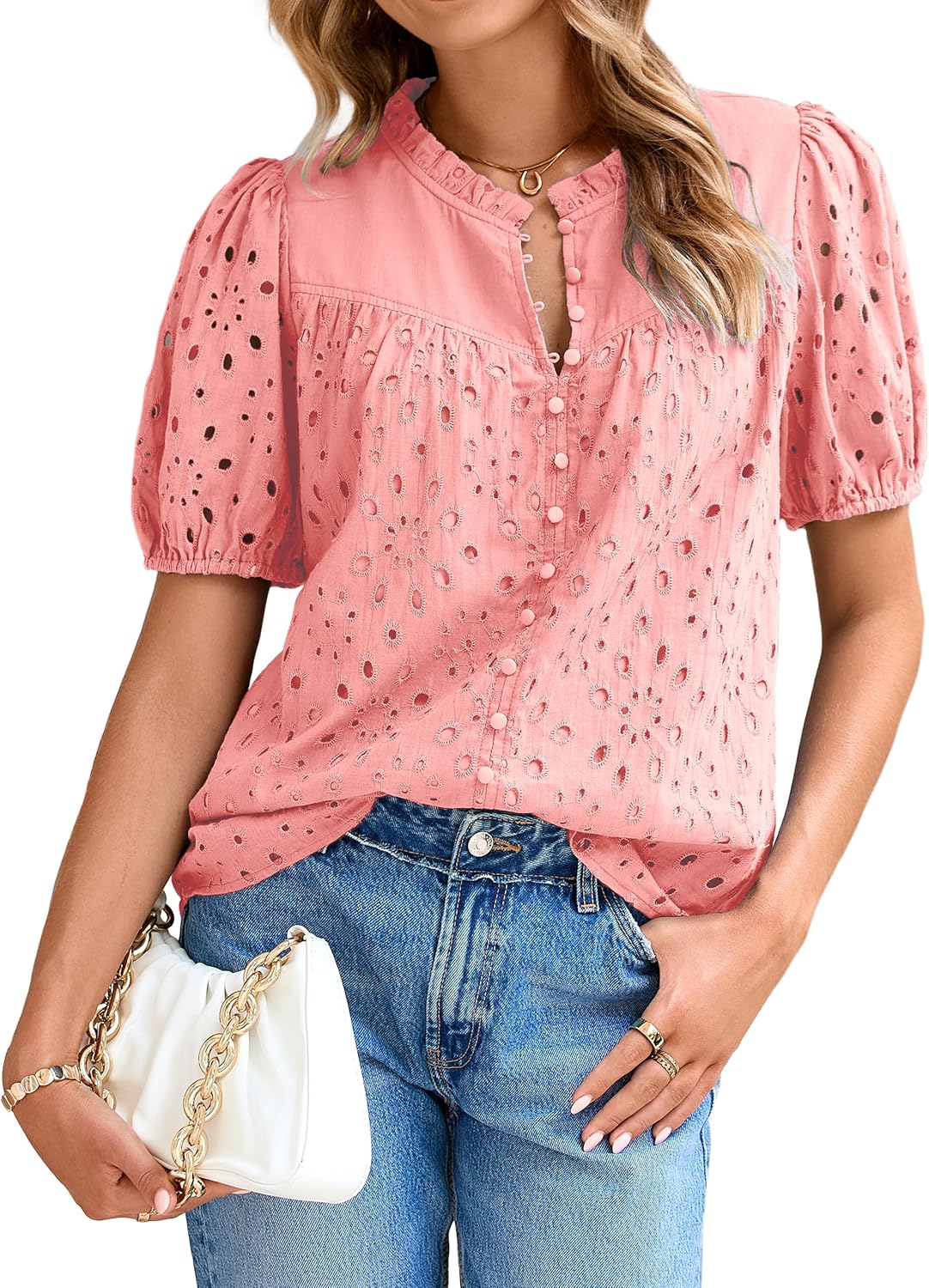 Glamaker Womens Summer Tops Blouse 2026 Casual Eyelet Embroidered Short Puff Sleeve Lace Hollow Out Button Dressy Shirts