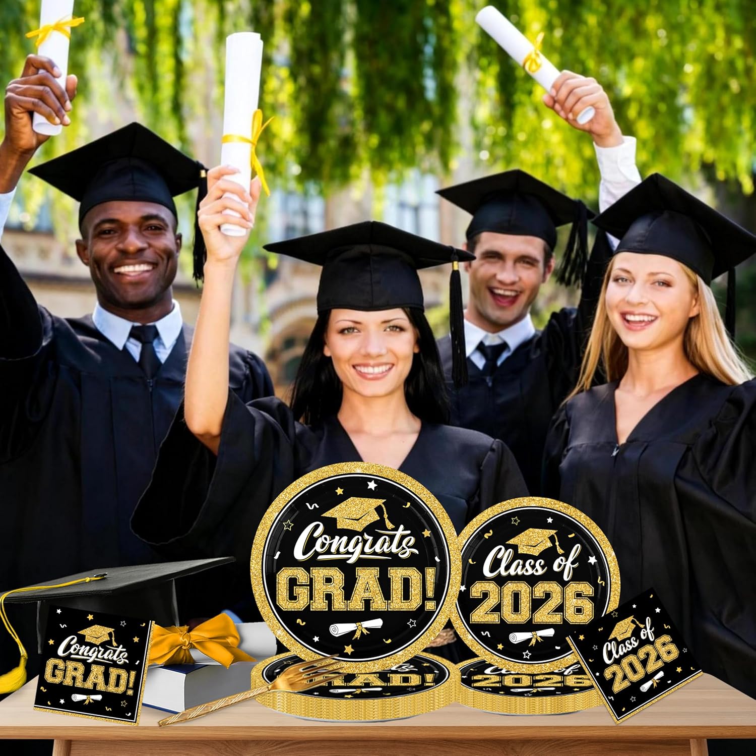Black and Gold Graduation Decorations 2026,200Pcs Black Gold Graduation Plates and Napkins,Forks for Graduation Party Decorations, Class of 2026 Graduation Party Supplies,Serve 50