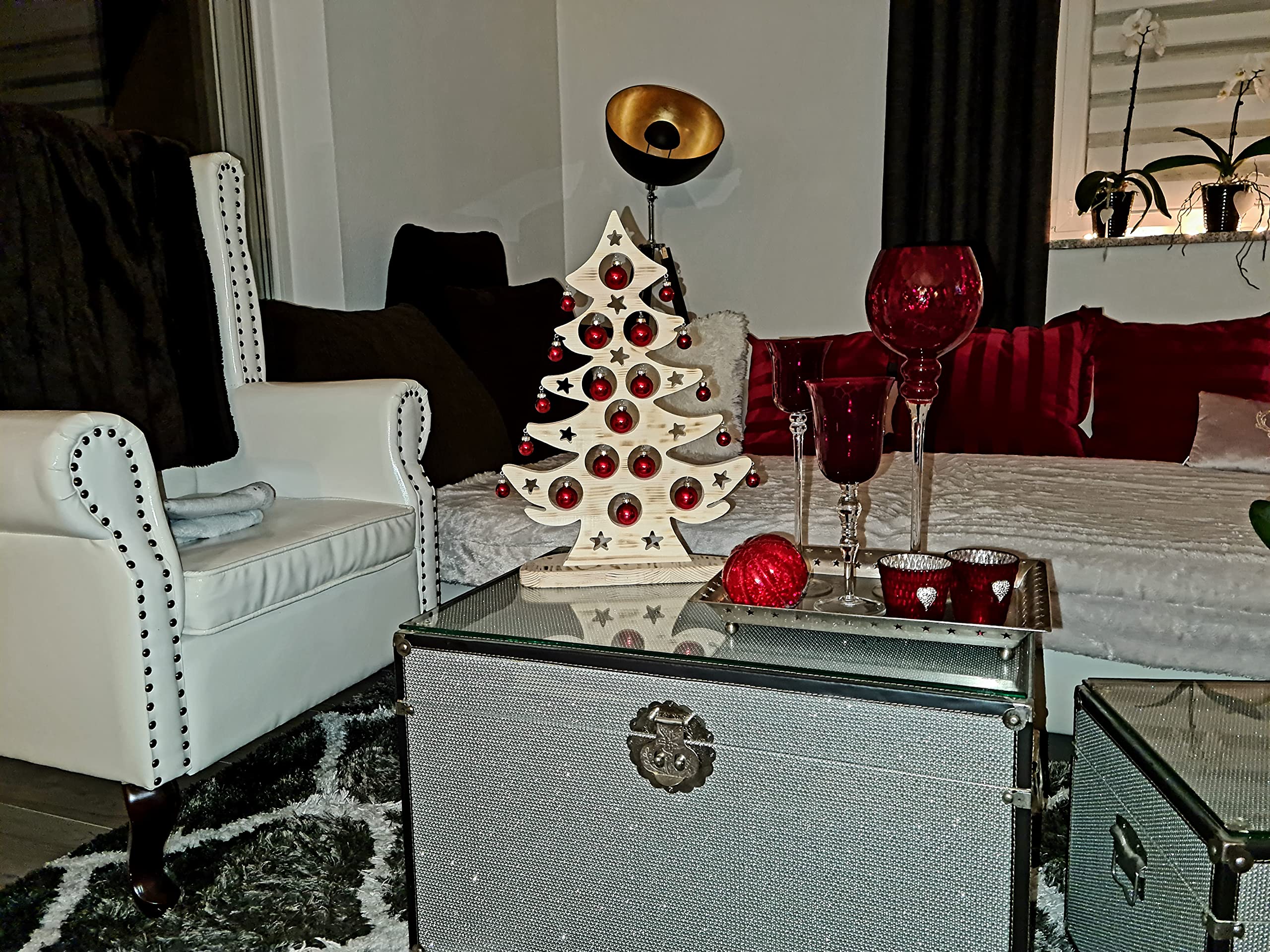 Sapin de Noël en bois grand – Décoration de sapin de Noël à poser sur table avec 21 boules de Noël. Décoration de Noël en bois à poser. Alternative au sapin de Noël