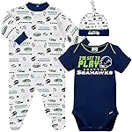 Gerber NFL Baby Boy Pack Footie Registry Gift 3 Piece Bodysuit Sleep n Play and Cap Set, Team Color, 3-6 Months US