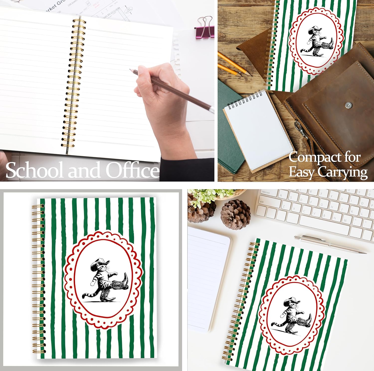 Funny Western Cowboy Cat Notebook, Cat Mom Lady Gifts, Southwestern Cowboy Boots Kitten Journal, Pet Lover Gifts, Retro Green Striped Spiral Notebook Journal 5.5x8.3 image 3