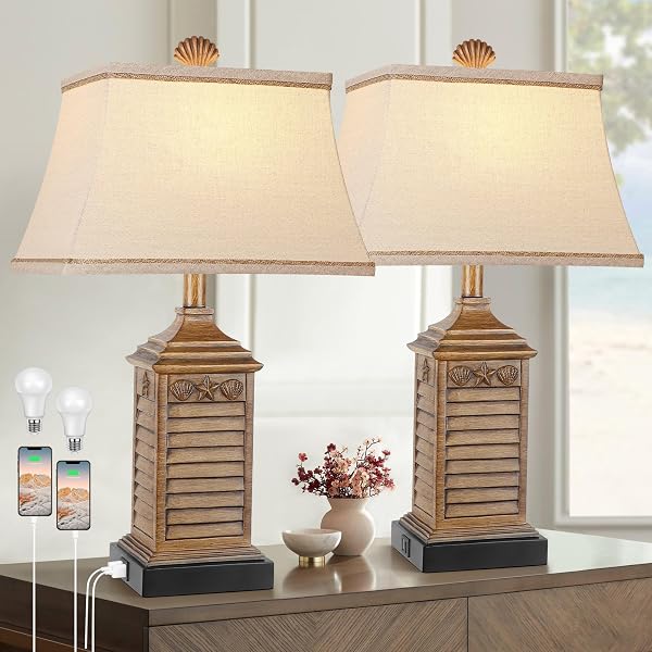 Hamucd Coastal Table Lamps Set of 2, Beach Living Lamps for Bedroom with USB A+C, Modern Resin LED 3-Color Temperature B