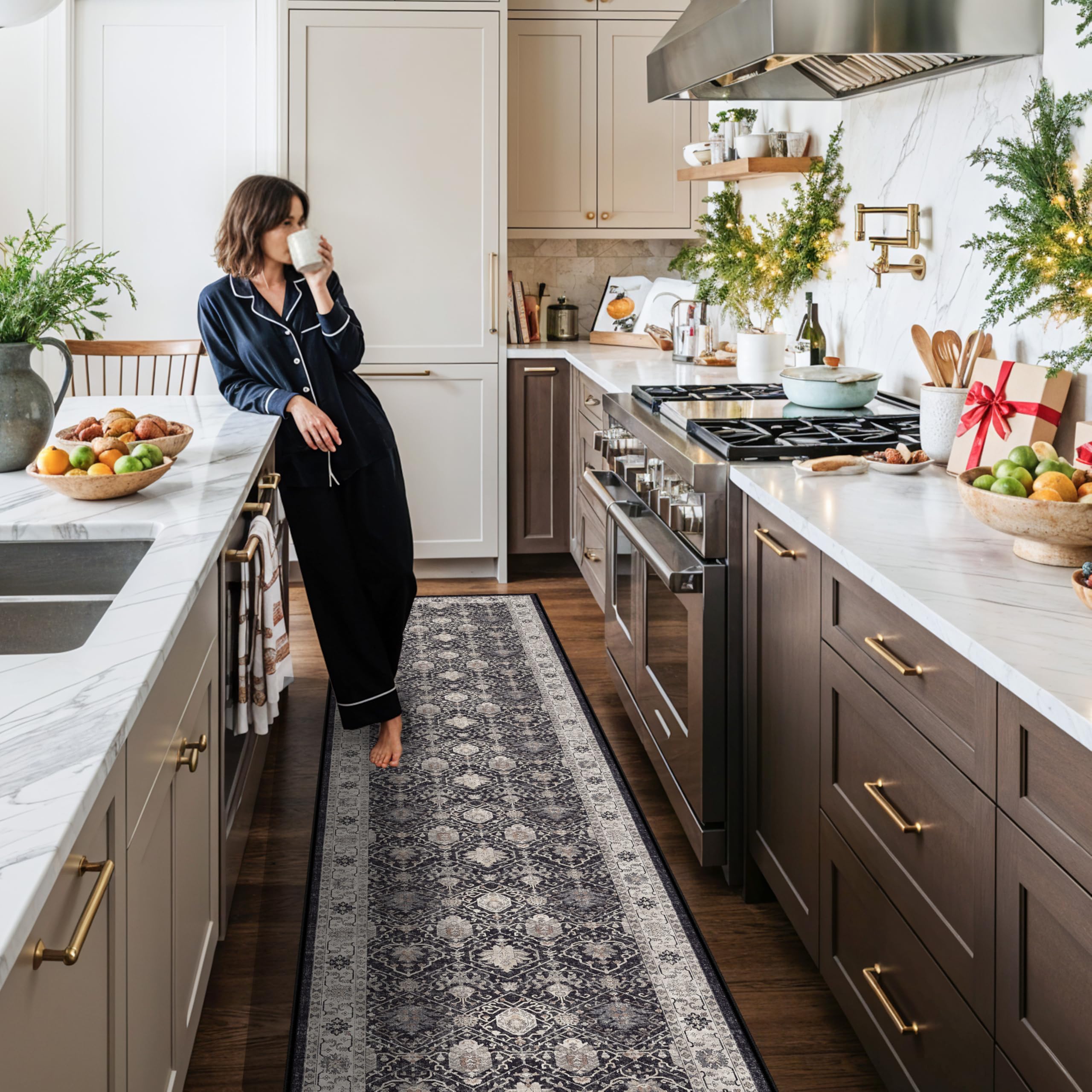 Photo 1 of Hallway Washable Runner Rug - 2'6x14 Kitchen Rugs Entryway Rug Runner Vintage Soft Floor Mat Non Slip Indoor Farmhouse Carpet for Bathroom Living Room Bedroom (2'6''x14', Black)