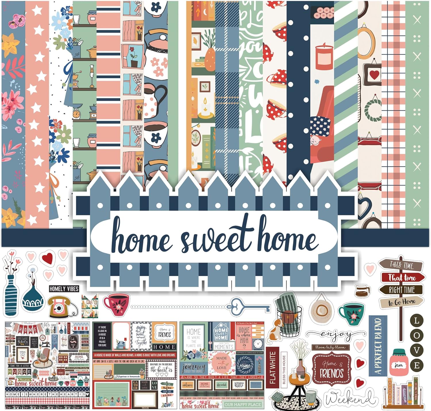 Home Sweet Home Collection Double,Sided Scrapbook Paper Kit Cardstock 12"x12" Card Making Paper Pack of with Sticker Sheet - 16 Pages - Multicolor