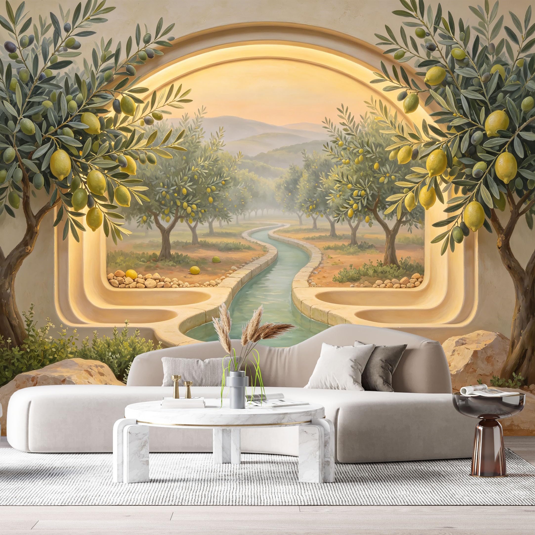 Custom Size Wall Murals Lemon Tree Archway Mediterranean Landscape 3D Trompe L'Oeil SelfAdhesiveWall Fabric Removable Wallpaper Wall Decor for Living Room Bedroom Bathroom