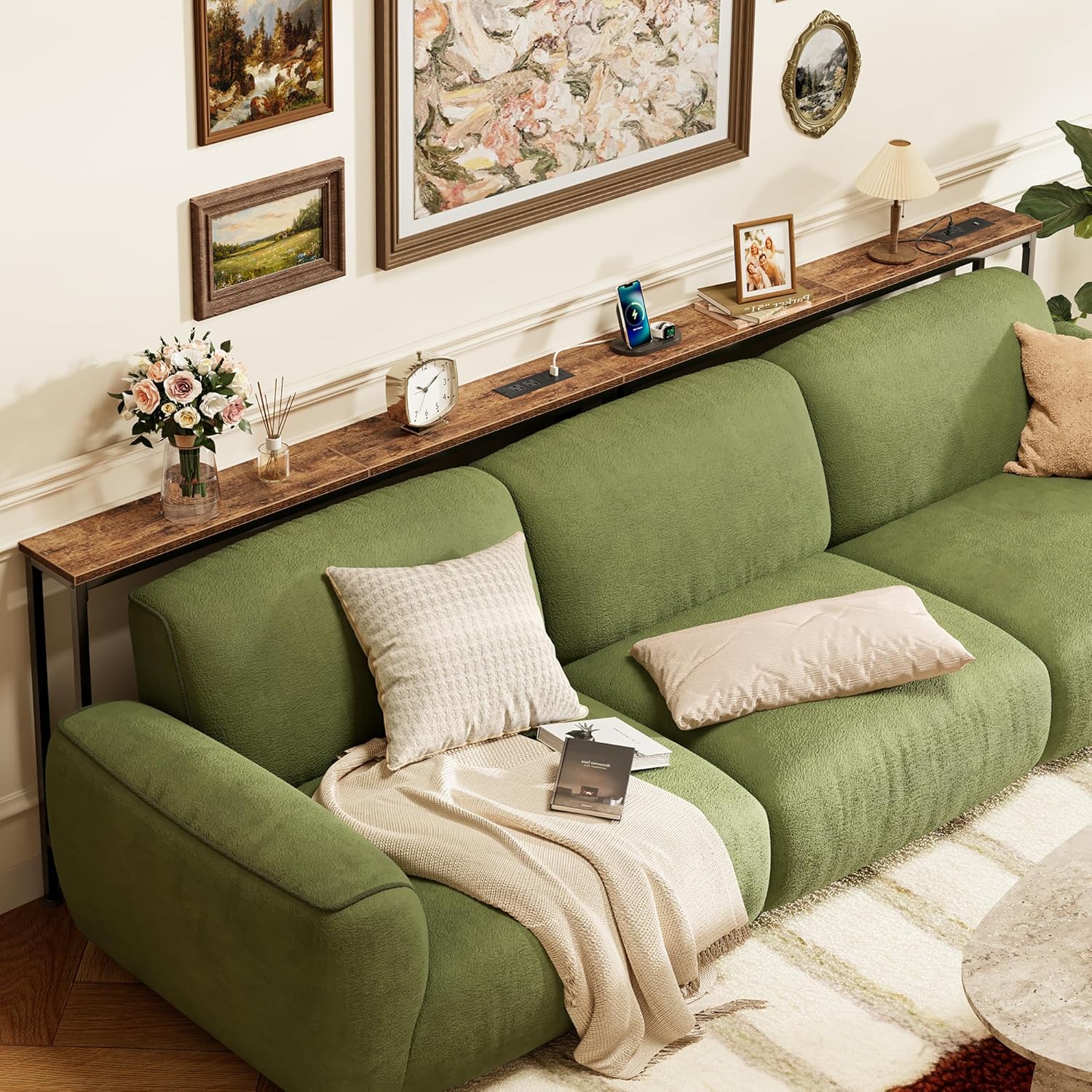 SUPERJARE 106.3 Inch Sofa Table with Power Outlets and USB-C Ports, 5.9 Inch Narrow Console Tables, Entryway Hallway Couch Tables with Storage, Behind Sofa, Small Spaces, Living Room, Rustic Brown