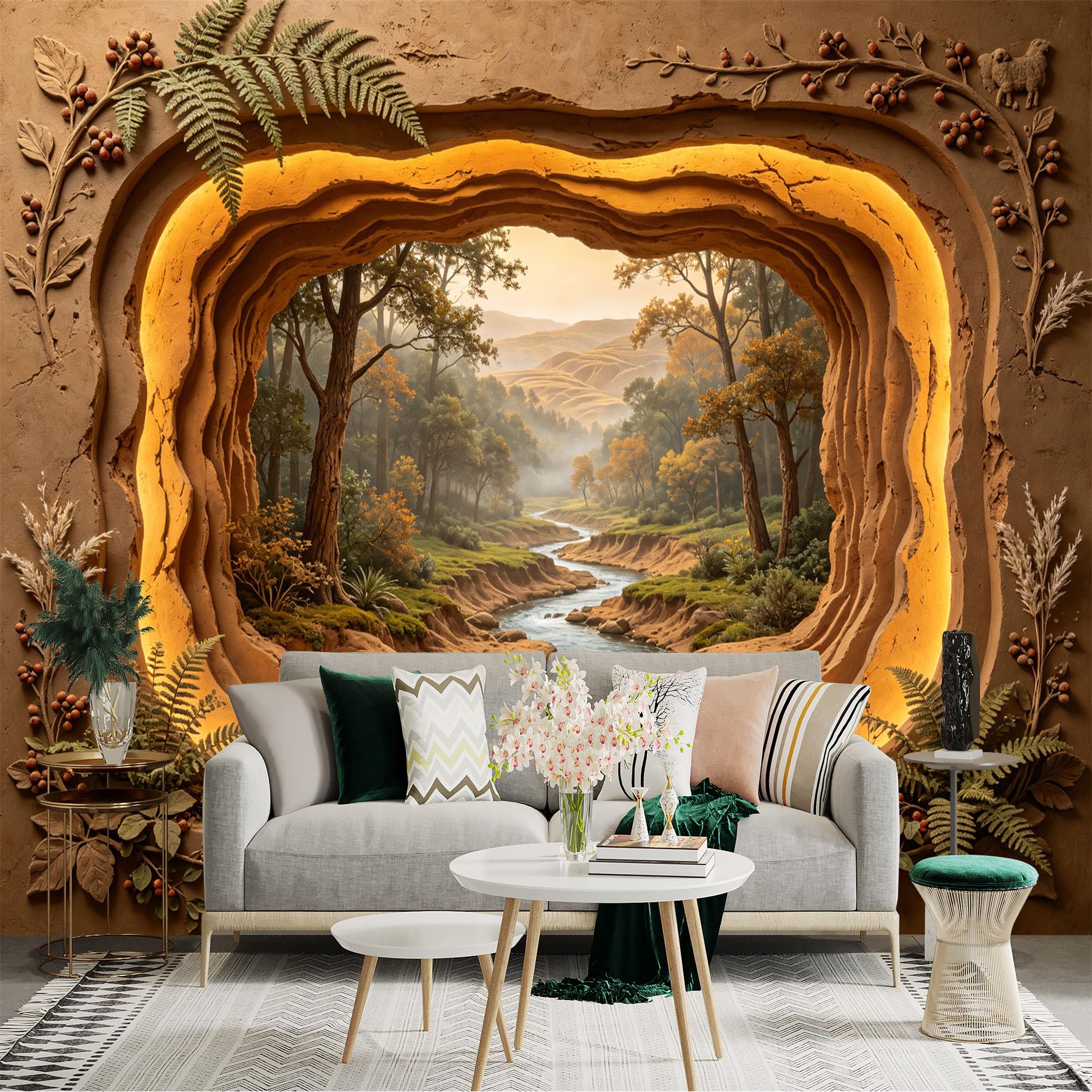 Custom Size Wall Sticker Mural， Sunset Forest with River Valley and Layered Clay Frame， for wall Decoration， peelandstick wall Decals.