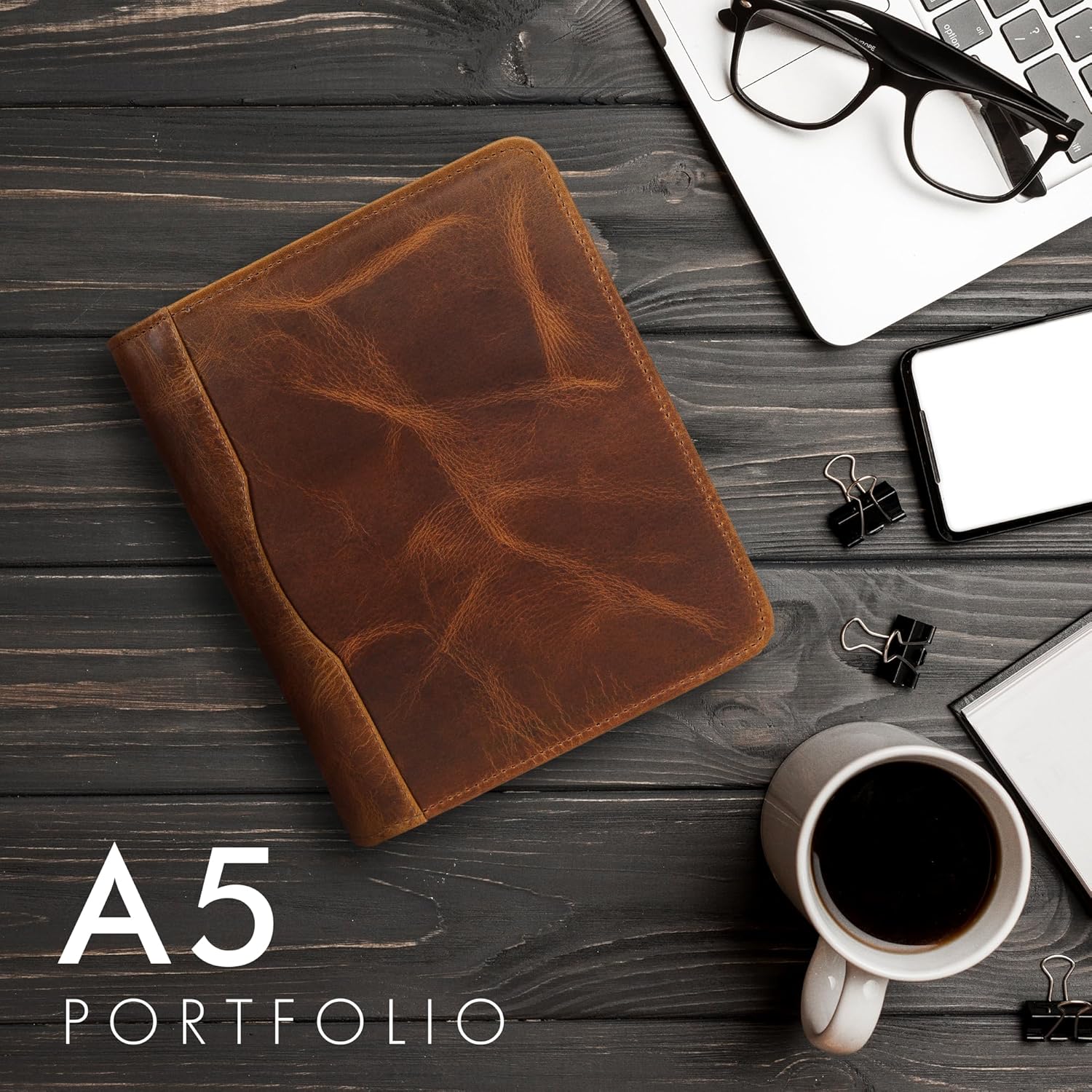 ELIZO Leather A5 Portfolio Padfolio Folio A5 Notebook Journal Cover Planner Binder Small Mens Business Work Folder Organizer (Antique)