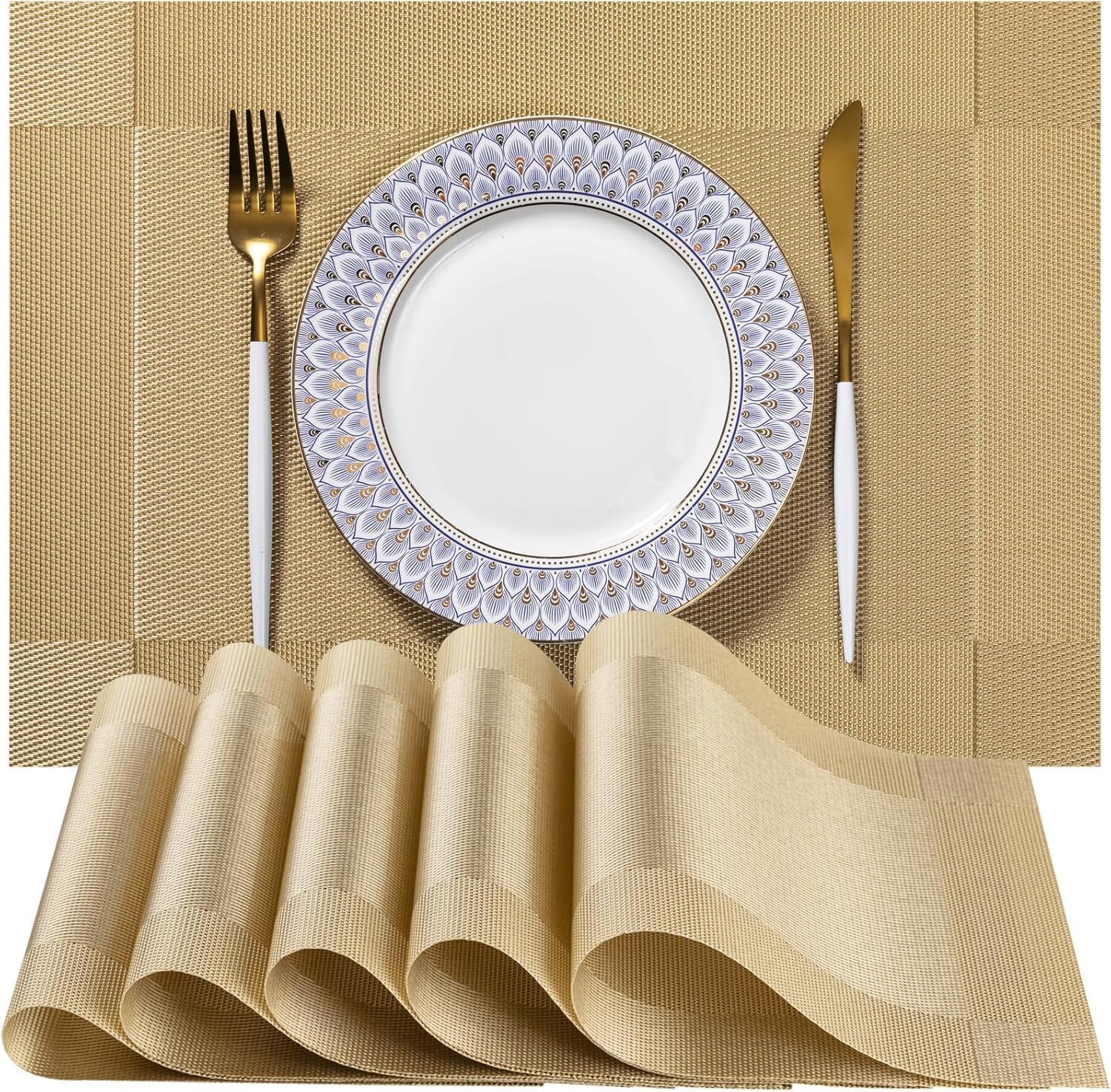 Solitude Placemats Set of 6 Dining Table Place Mats | Placemats Table Mat PVC Material | Non-Slip Heat Resistant | Dining Tablemates Washable Anti-Skid | Size 45 x 30 CM (Gold)-image-38