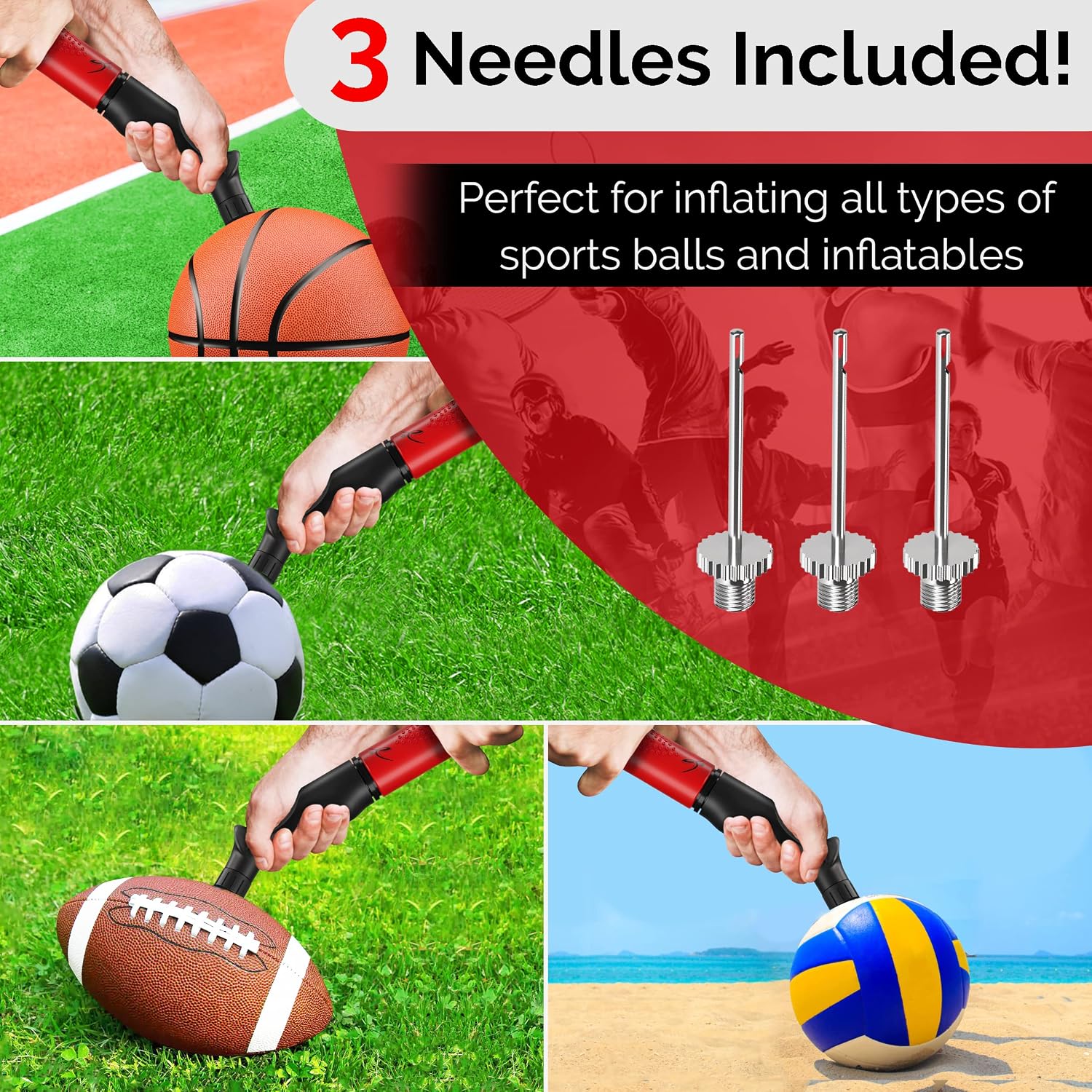 Fitness Factor Ball Pump Inflator, Push & Pull Inflation System. for Basketball, Volleyball, Soccer and Football. Include 3 Premium Needles with Needles Cover