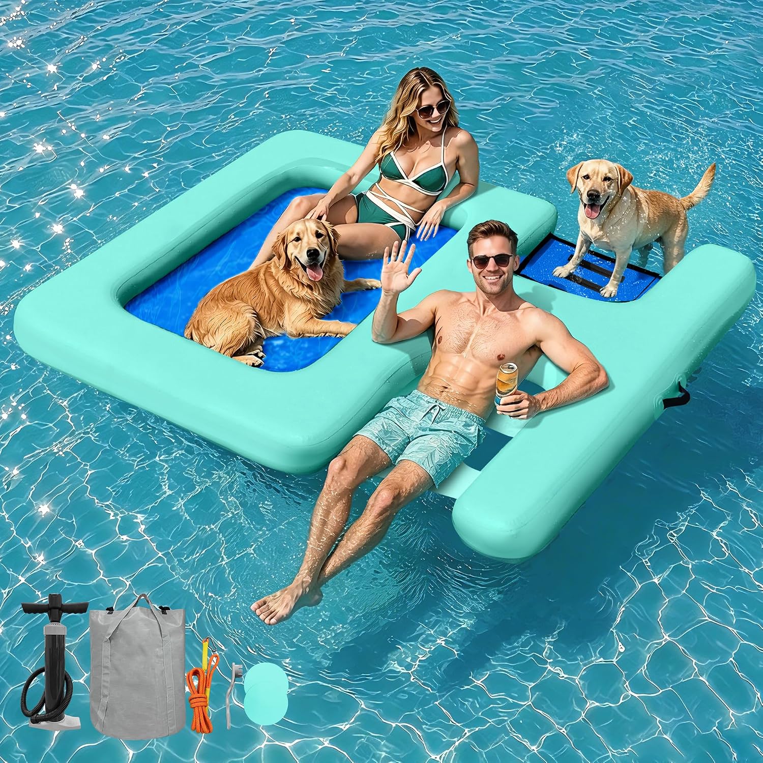 Inflatable Floating Dock 7ft/8ft/10ft Mesh Floating Platform with Water Ramp, Ladder, Hammock & Seat - Dog Floating Island Raft Pool Float for Lake, River, Ocean Parties