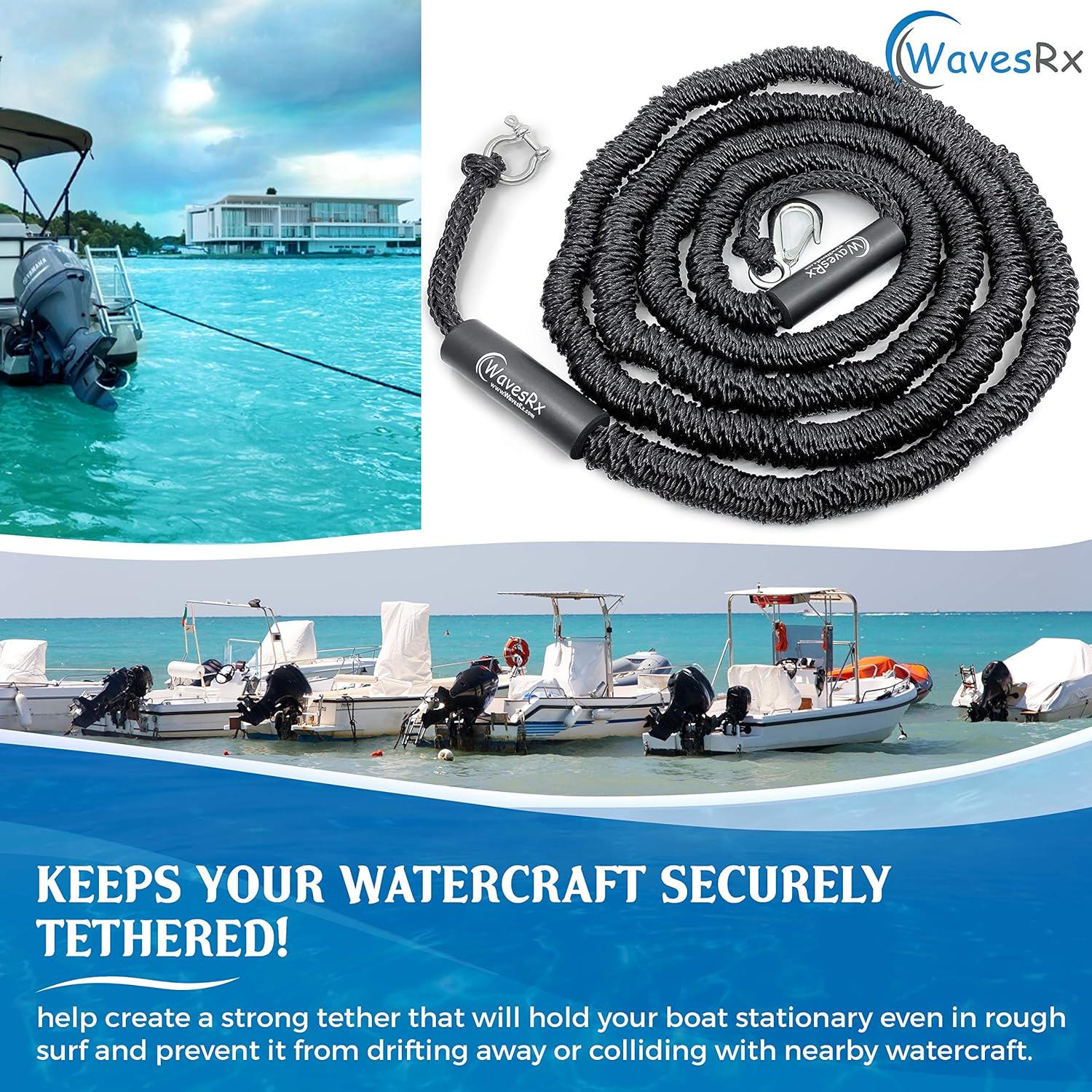 WavesRx Beach Anchoring Bundle | Aluminum Sand Anchor + Bungee Line 14' | Securely Anchor Your Watercraft in Shallow Water Near Beach or Sandbar | Perfect for Boats, Pontoons, Jet Ski and Other PWC